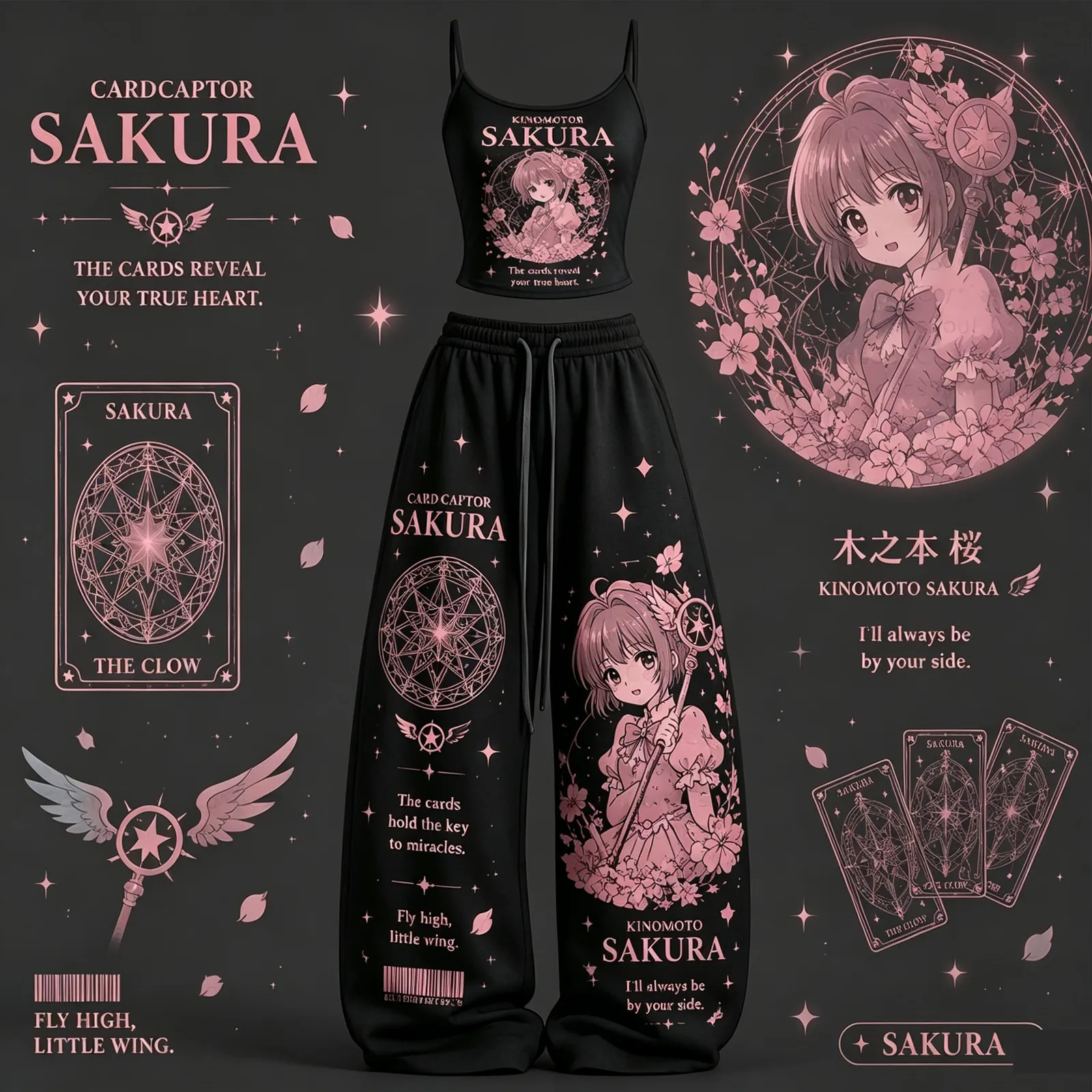 Cardcaptor Sakura Magic Circle Cami Crop Top and Wide Leg Trousers Two-Piece Set, Women's Black and Pink Star Wand Lounge Outfit, Anime Gift