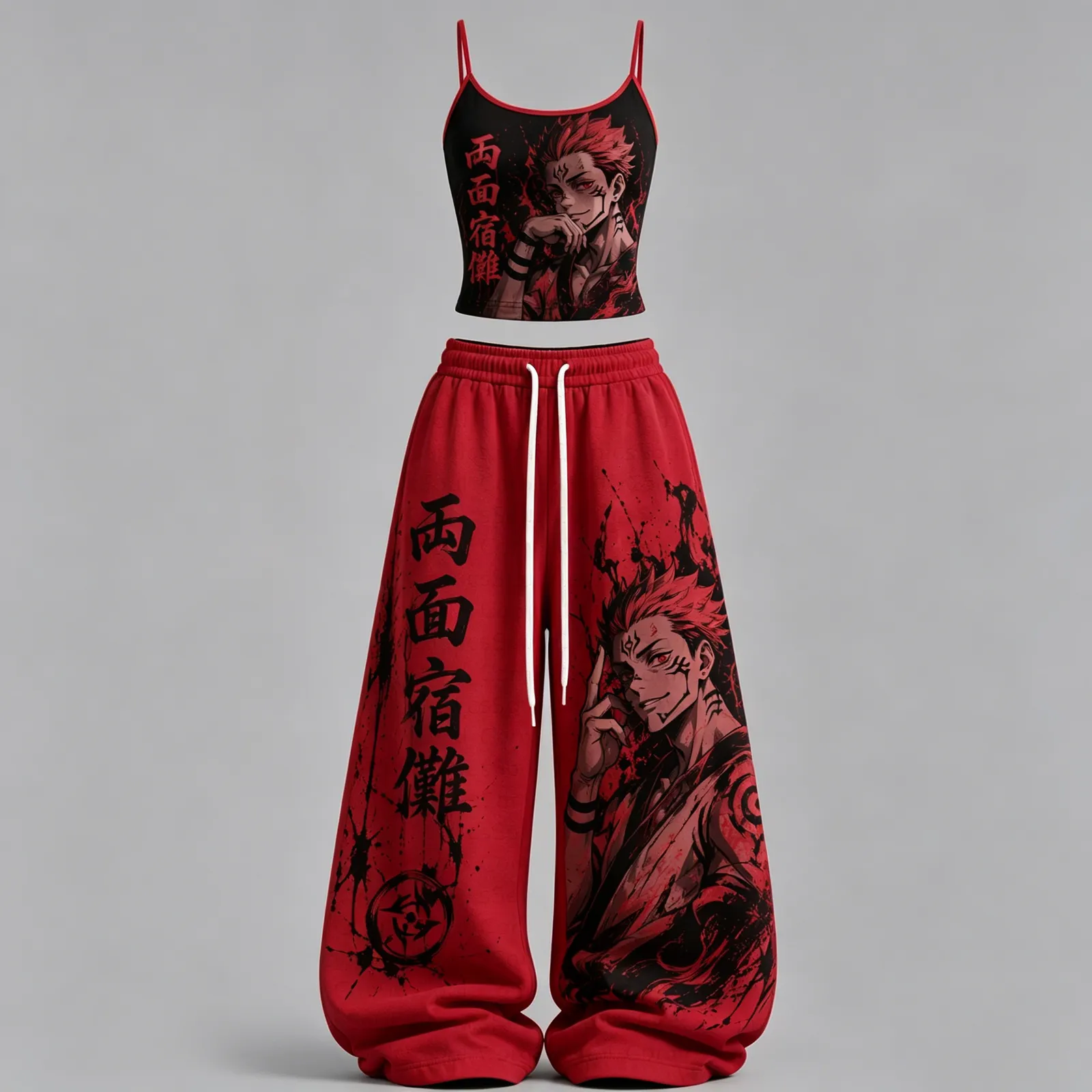 Jujutsu Kaisen Ryomen Sukuna Cami Crop Top and Wide Leg Trousers Two-Piece Set, Crimson and Black Kanji Print, Women's Anime Lounge Outfit