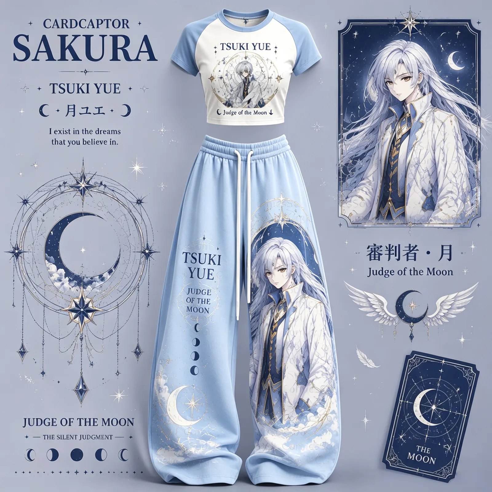 Cardcaptor Sakura Yue Judge of the Moon Crop Tee and Wide Leg Trousers Two-Piece Set, Light Blue Anime Lounge Outfit, Women's Matching Co-ord