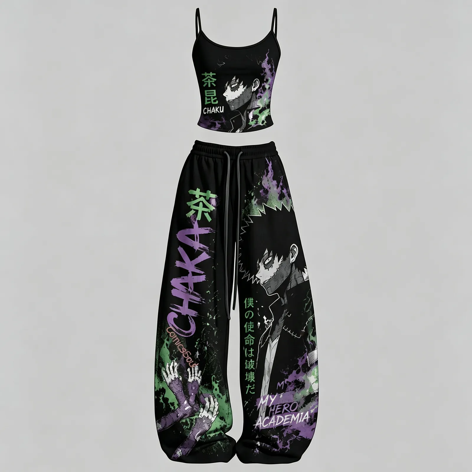 My Hero Academia Dabi Cami Crop Top and Wide Leg Trousers Two-Piece Set, Black Green and Purple Blue Flame Print, Women's Anime Villain Outfit