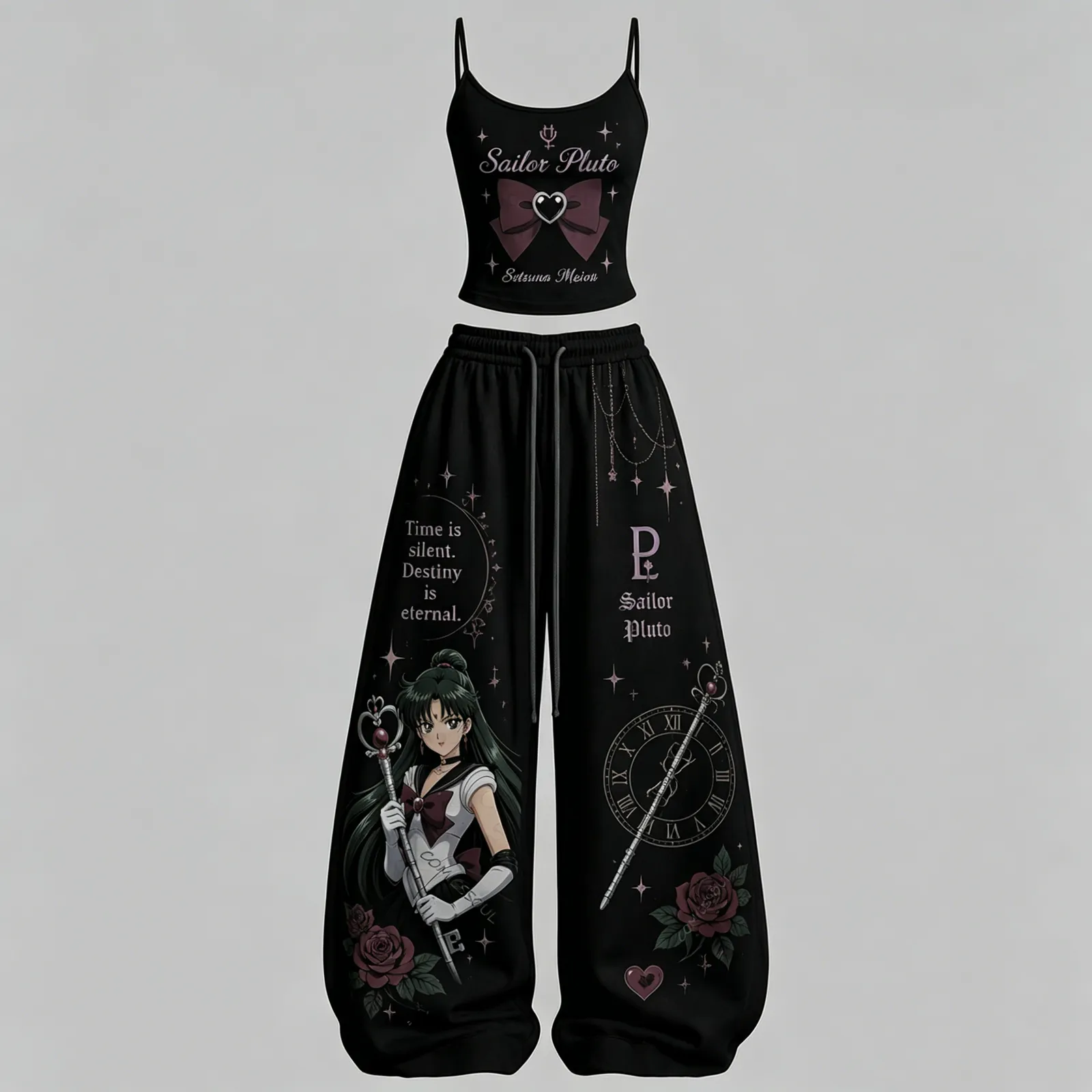 Sailor Moon Sailor Pluto Setsuna Meioh Cami Crop Top and Wide Leg Trousers Set, Women's Two-Piece Lounge Outfit, Time Garnet Rod Gothic Set