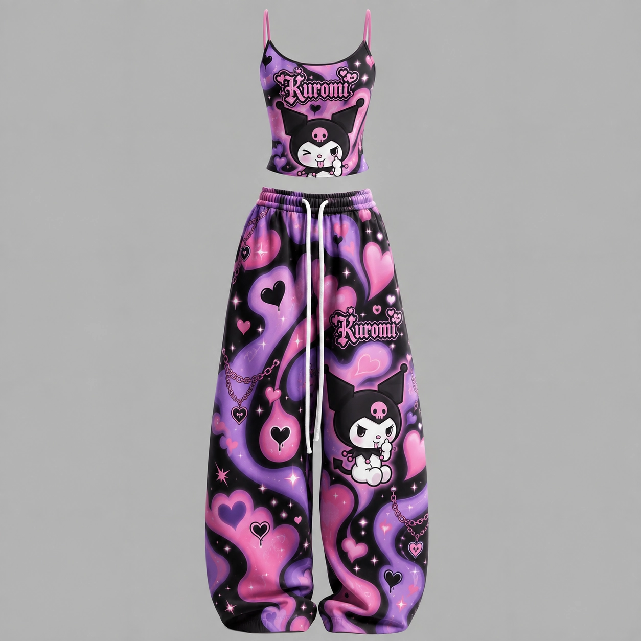 Hello Kitty & Friends Kuromi Cami Crop Top and Wide Leg Trousers Two-Piece Set, Purple Pink Hearts Lounge Outfit, Women's Sanrio Co-ord