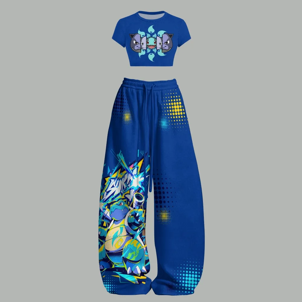 Pokémon Squirtle Wartortle Blastoise Women Crop Tee and Elasticated Wide Leg Trousers Two-Piece Set, Royal Blue Halftone Water-Type Lounge Outfit