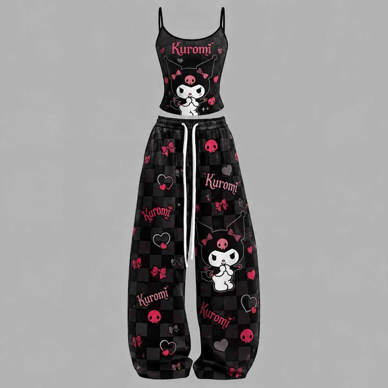 Hello Kitty Kuromi Cami Crop Top and Wide Leg Trousers Set, Women's Two-Piece Lounge Outfit, Black Checkered Skull Bow Sanrio Matching Set