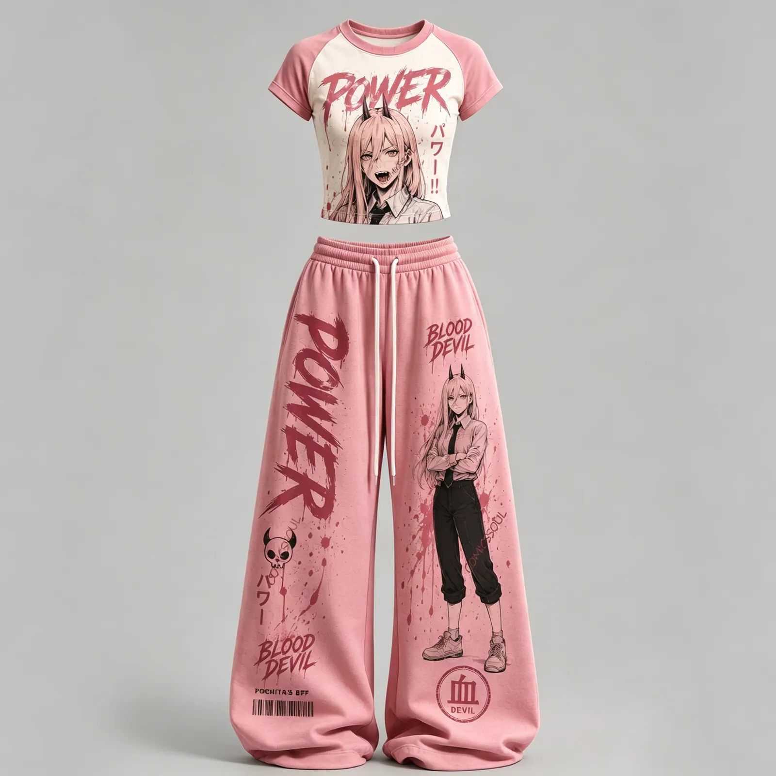 Chainsaw Man Power Blood Devil Crop Tee and Elasticated Wide Leg Trousers Two-Piece Set, Women's Pink and Cream Raglan Anime Lounge Outfit