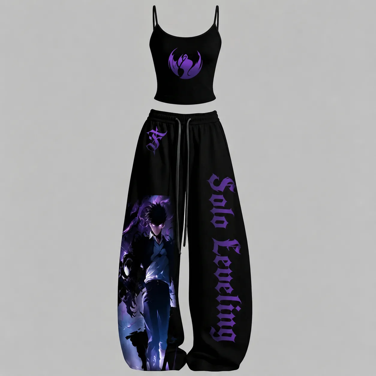 Solo Leveling Sung Jinwoo Cami Crop Top and Wide Leg Trousers Two-Piece Set, Black and Purple Shadow Print, Women's Anime Matching Outfit
