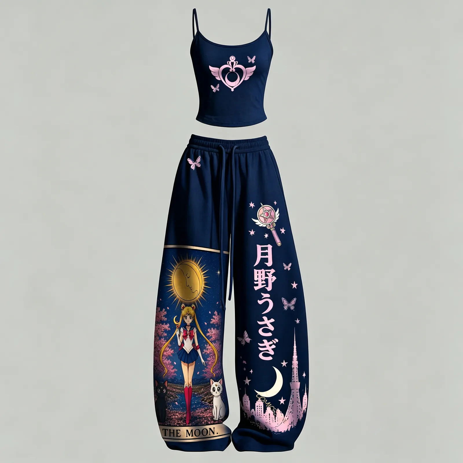 Sailor Moon The Moon Tarot Card Cami Crop Top and Wide Leg Trousers Two-Piece Set, Women's Navy Anime Lounge Outfit, Luna Artemis Usagi Set