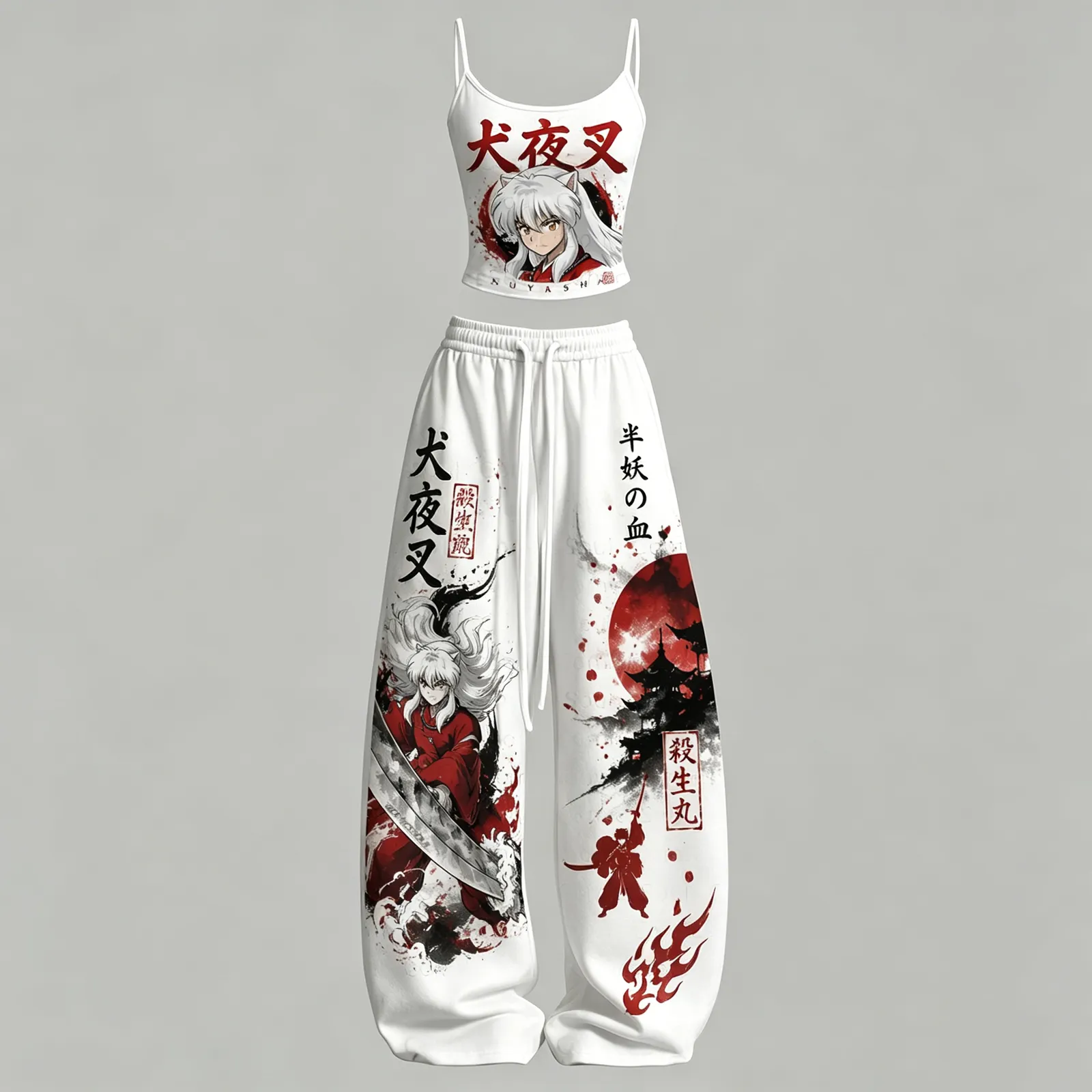 Inuyasha Ink Painting Cami Crop Top and Wide Leg Trousers Set, Women's Two-Piece Lounge Outfit, Half Demon Sesshomaru Red Sun Anime Set