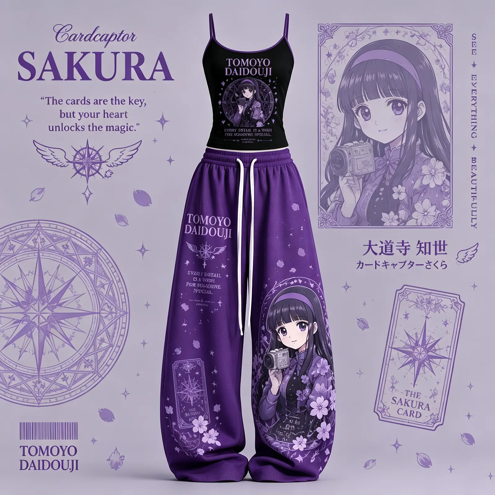 Cardcaptor Sakura Tomoyo Daidouji Cami Top and Elasticated Trousers Two-Piece Set, Women's Black and Purple Magic Circle Anime Lounge Outfit