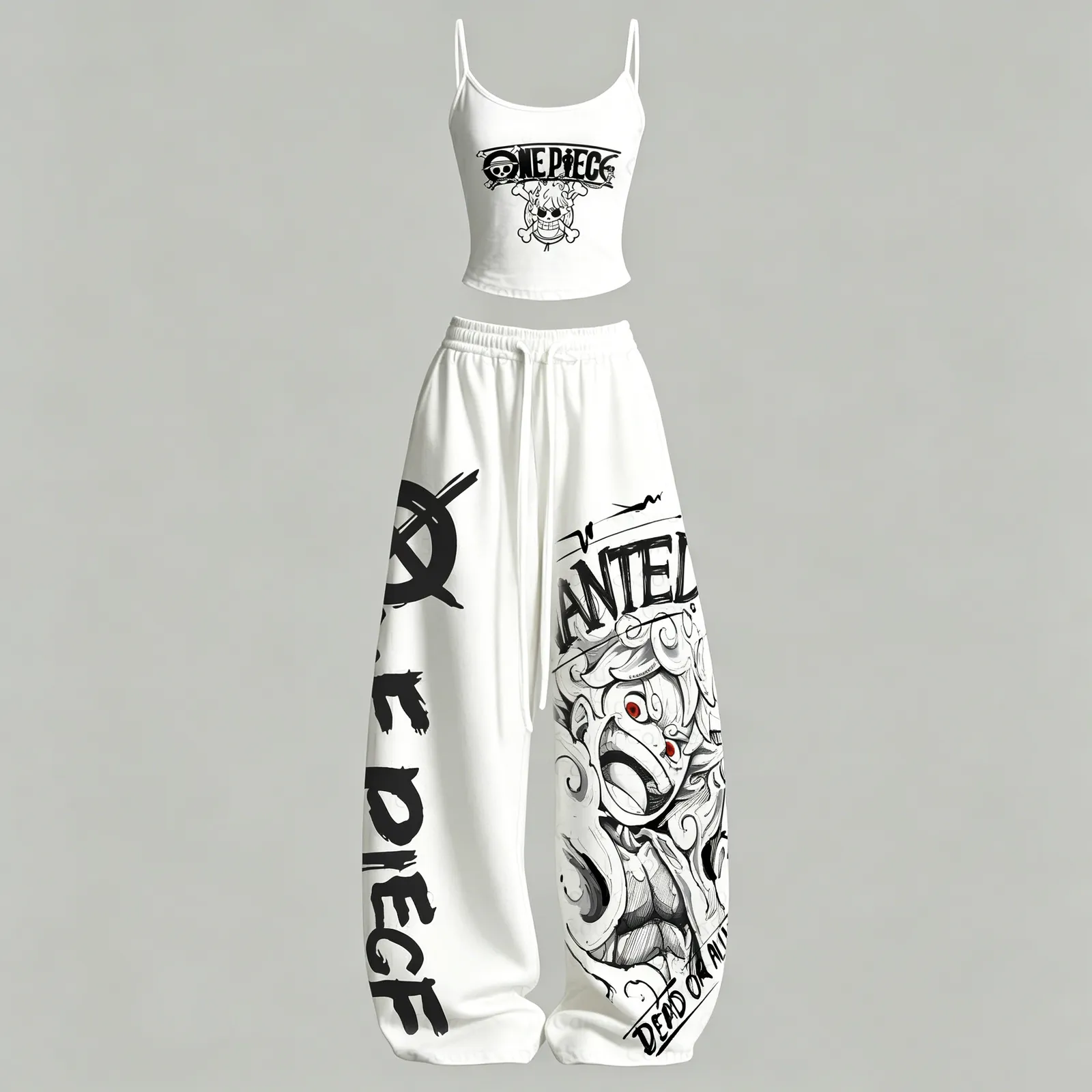 One Piece Luffy Gear 5 Wanted Poster Cami Crop Top and Wide Leg Trousers Two-Piece Set, Women's White and Black Manga Lounge Outfit, Anime Gift