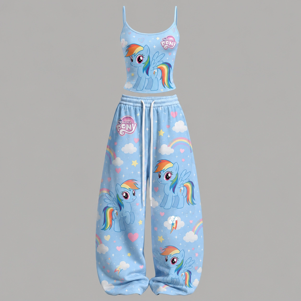 My Little Pony Rainbow Dash Cami Crop Top and Elasticated Wide Leg Trousers Two-Piece Set, Women's Sky Blue Cloud and Heart Pajama Style Outfit