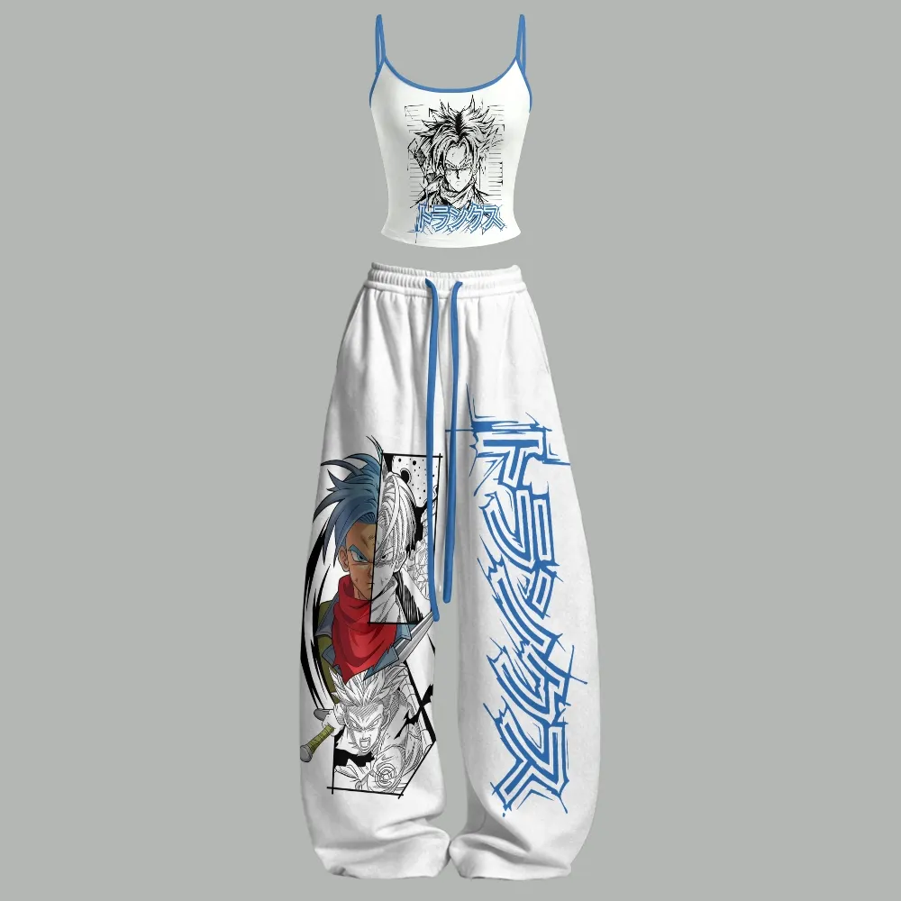 Dragon Ball Trunks Cami Crop Top and Wide Leg Trousers Two-Piece Set, Women's White and Blue Manga Sketch Anime Lounge Outfit, Matching Set