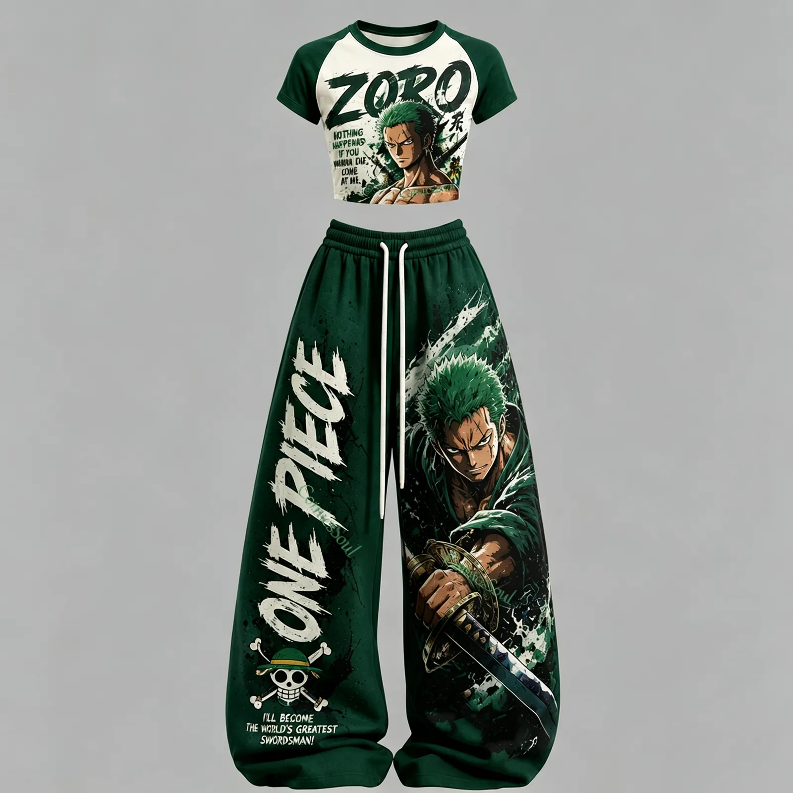 One Piece Roronoa Zoro Crop Tee and Elasticated Wide Leg Trousers Two-Piece Set, Women's Forest Green and Cream Raglan Straw Hat Anime Outfit