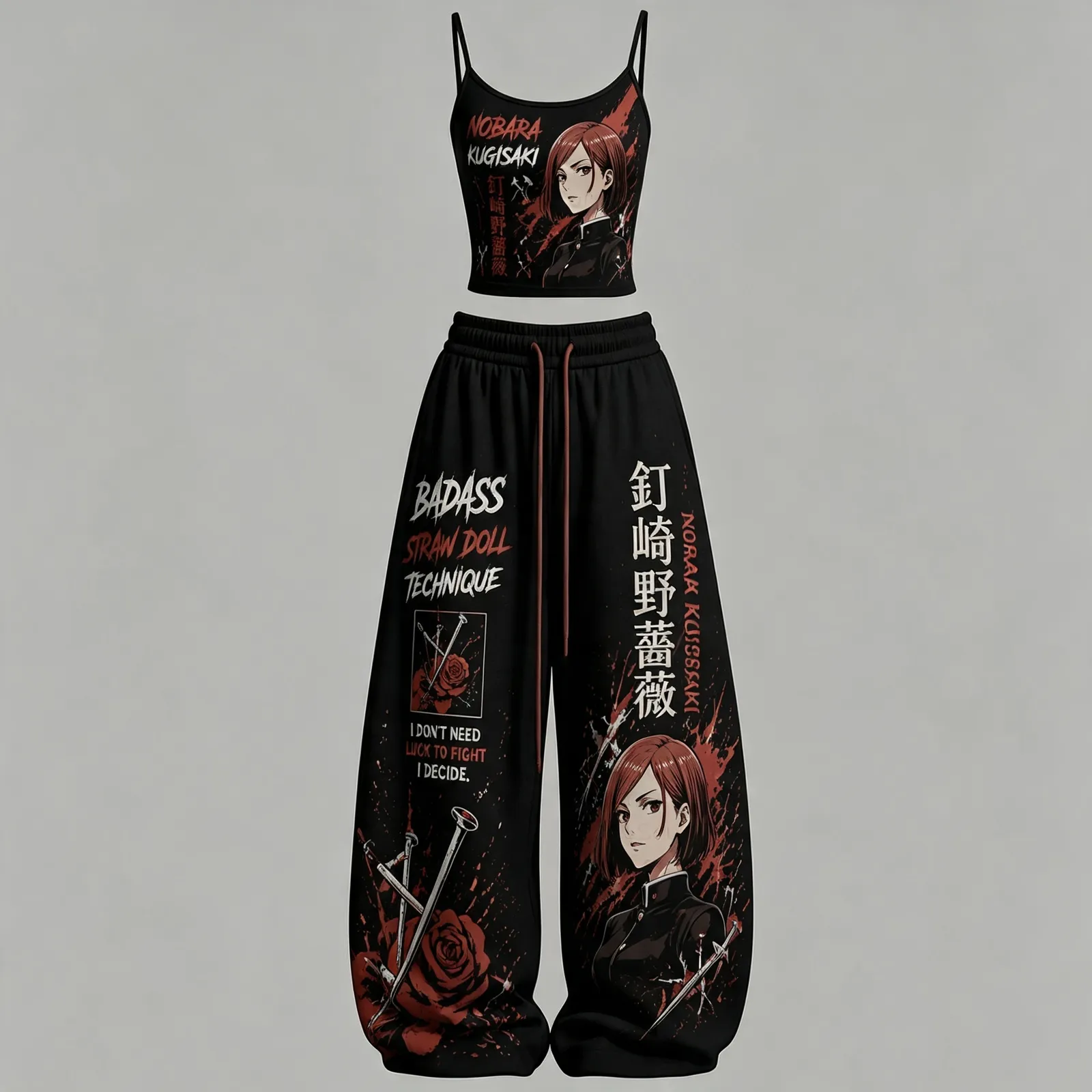 Jujutsu Kaisen Nobara Kugisaki Cami Crop Top and Wide Leg Trousers Two-Piece Set, Black and Red Straw Doll Technique Rose Print, Women's Outfit