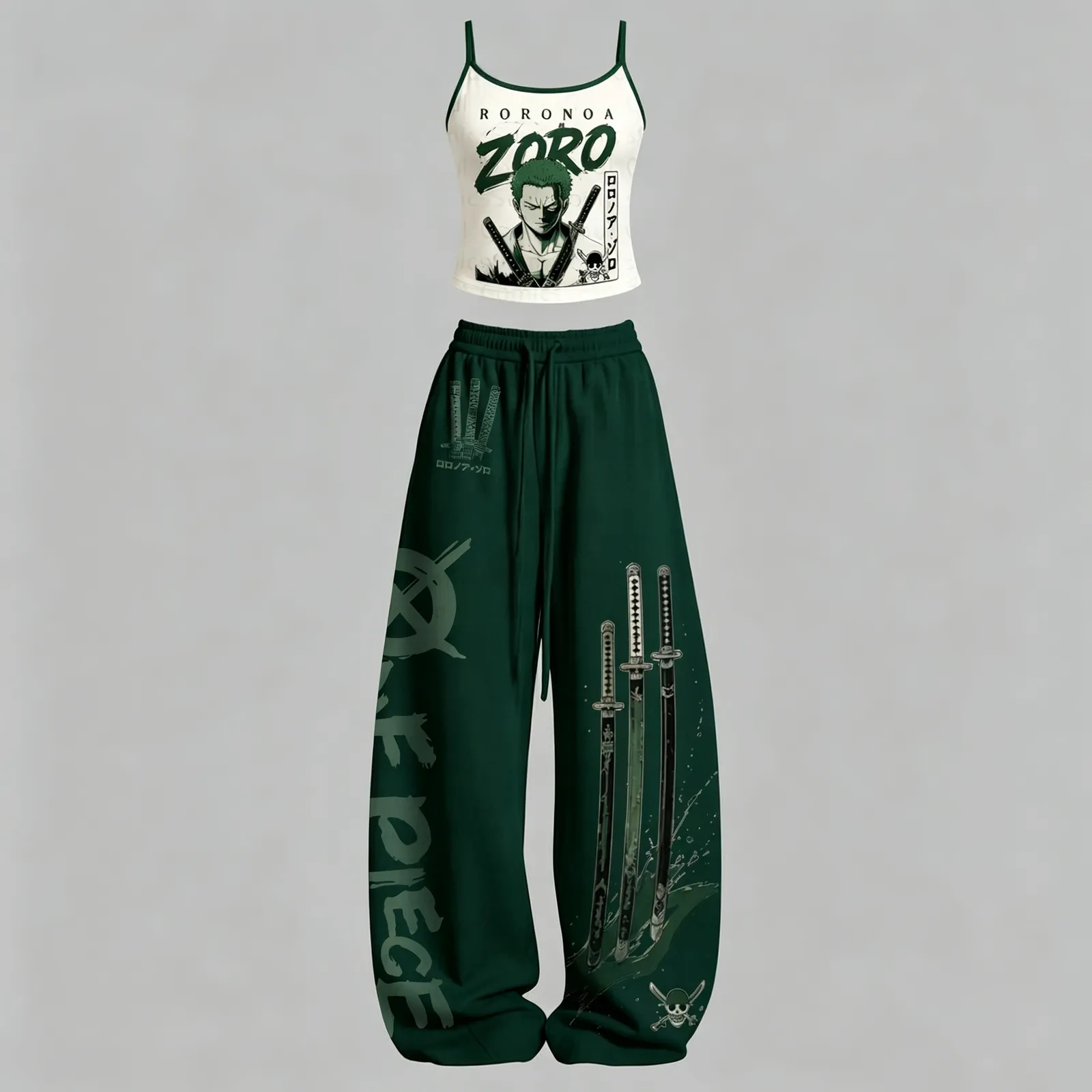 One Piece Roronoa Zoro Cami Crop Top and Wide Leg Trousers Two-Piece Set, Women's Ivory and Bottle Green Straw Hat Anime Matching Outfit