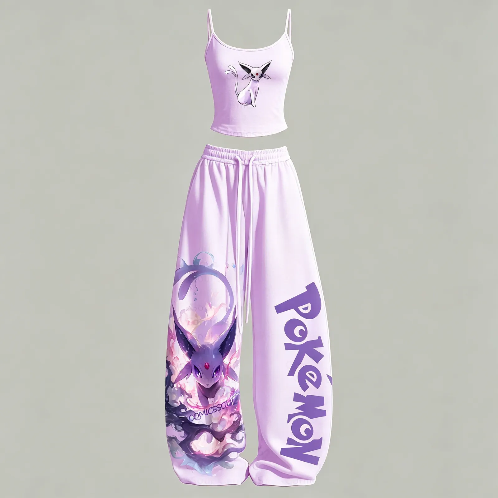 Pokémon Espeon Cami Crop Top and Wide Leg Trousers Two-Piece Set, Women's Lilac Purple Anime Lounge Outfit, Eeveelution Psychic Matching Set