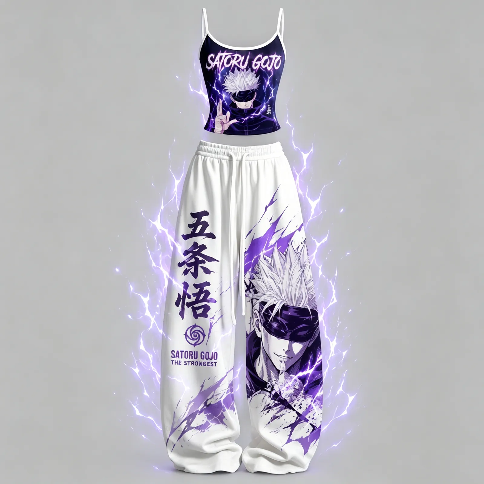 Jujutsu Kaisen Satoru Gojo Cami Crop Top and Wide Leg Trousers Two-Piece Set, Women's White and Purple The Strongest Anime Lounge Outfit
