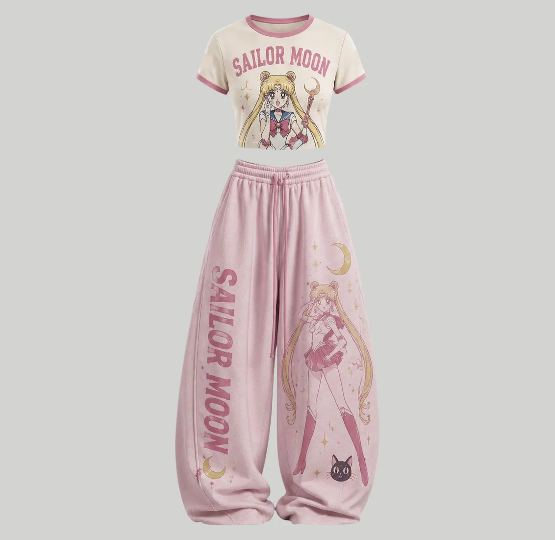 Sailor Moon Usagi Tsukino Crop Tee and Wide Leg Trousers Two-Piece Set, Women's Pink Cream Retro Anime Lounge Outfit, Luna Cat Matching Set