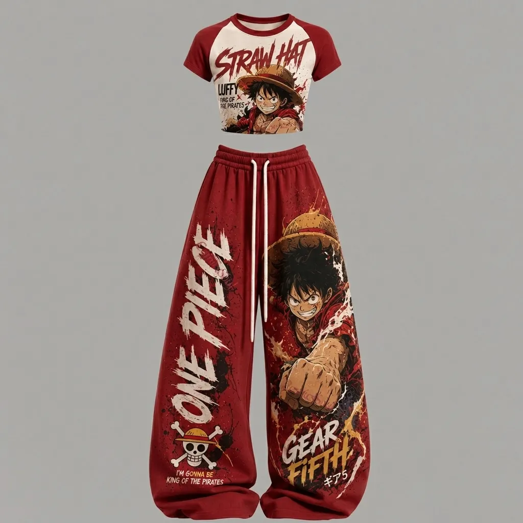 One Piece Luffy Gear Fifth Crop Tee and Wide Leg Trousers Two-Piece Set, Women's Red Straw Hat King of the Pirates Lounge Outfit