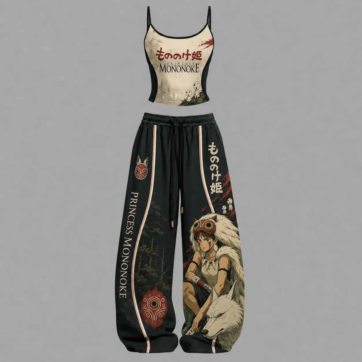 Princess Mononoke San Cami Crop Top and Wide Leg Trousers Two-Piece Set, Women's Black and Cream Studio Ghibli Lounge Outfit, Kodama Wolf Set