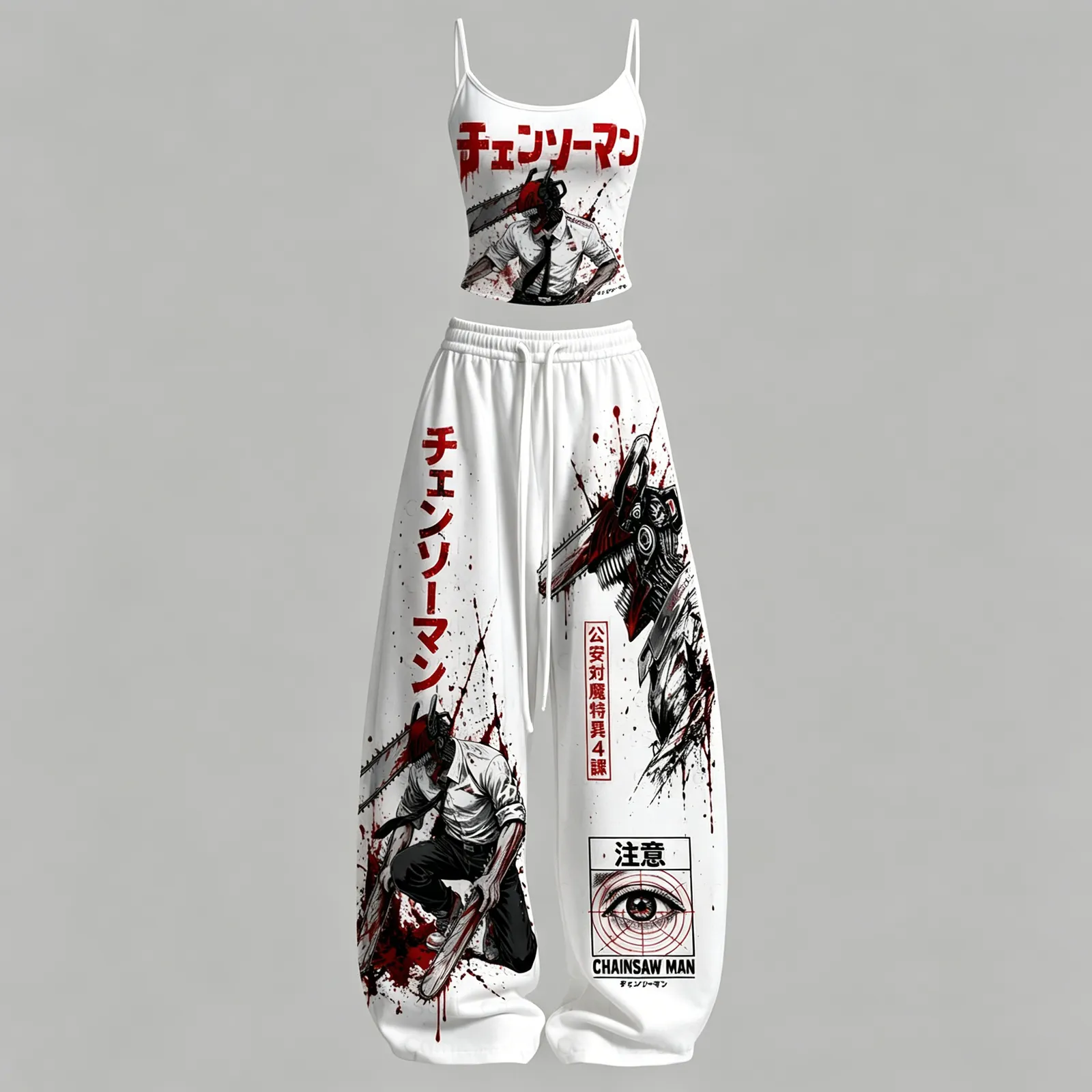 Chainsaw Man Denji Cami Crop Top and Wide Leg Trousers Two-Piece Set, Women's White Red Splatter Anime Lounge Outfit, Pochita Devil Hunter Gift