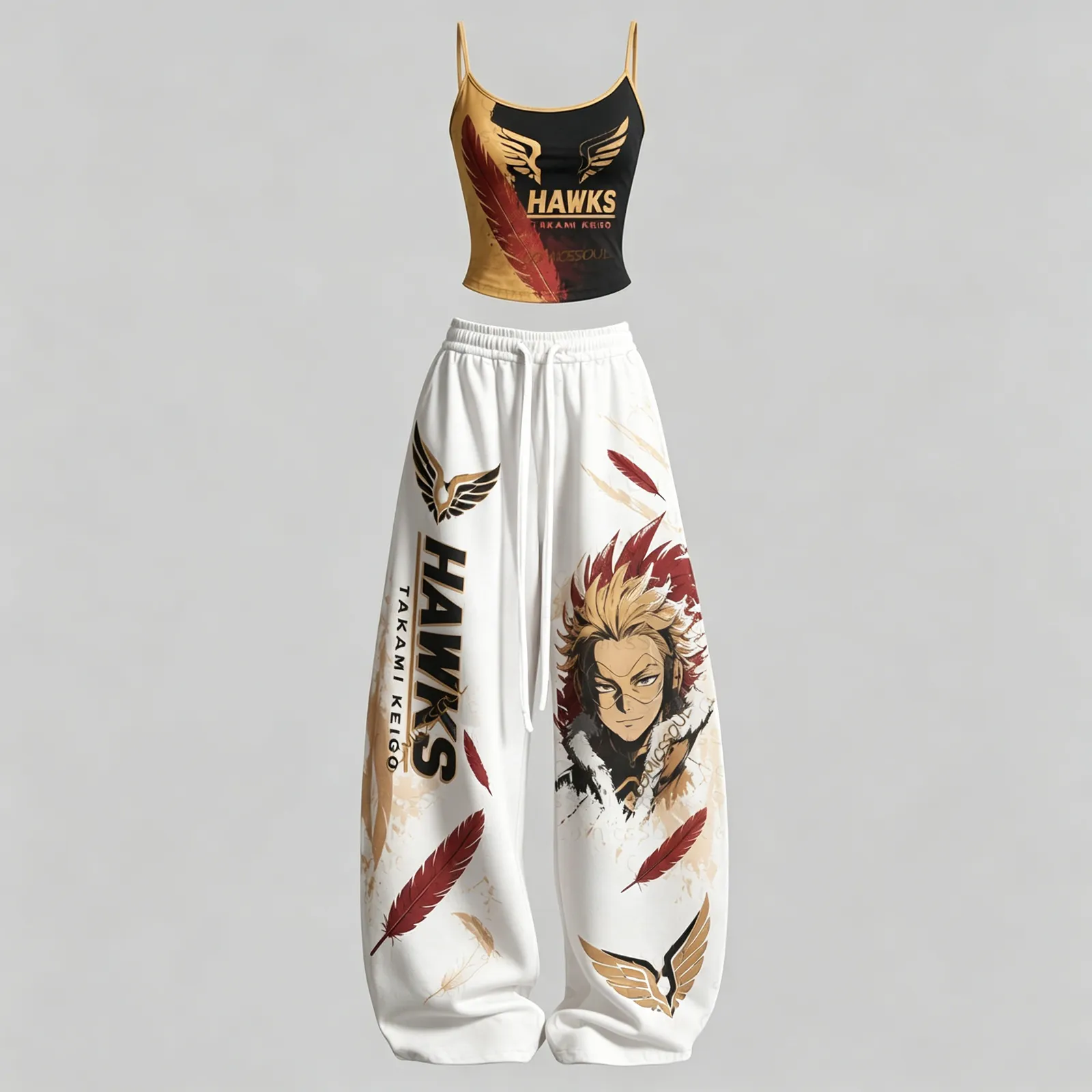 My Hero Academia Hawks Takami Keigo Cami Crop Top and Wide Leg Trousers Two-Piece Set, Women's Black and Gold Anime Lounge Outfit, Feather Set