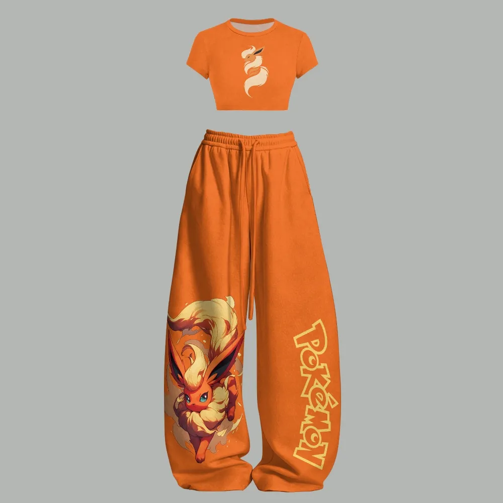 Pokémon Flareon Women's Orange Crop T-Shirt and Wide Leg Trousers Two-Piece Set, Minimalist Anime Lounge Outfit, Eeveelution Fire Type Fan Gift