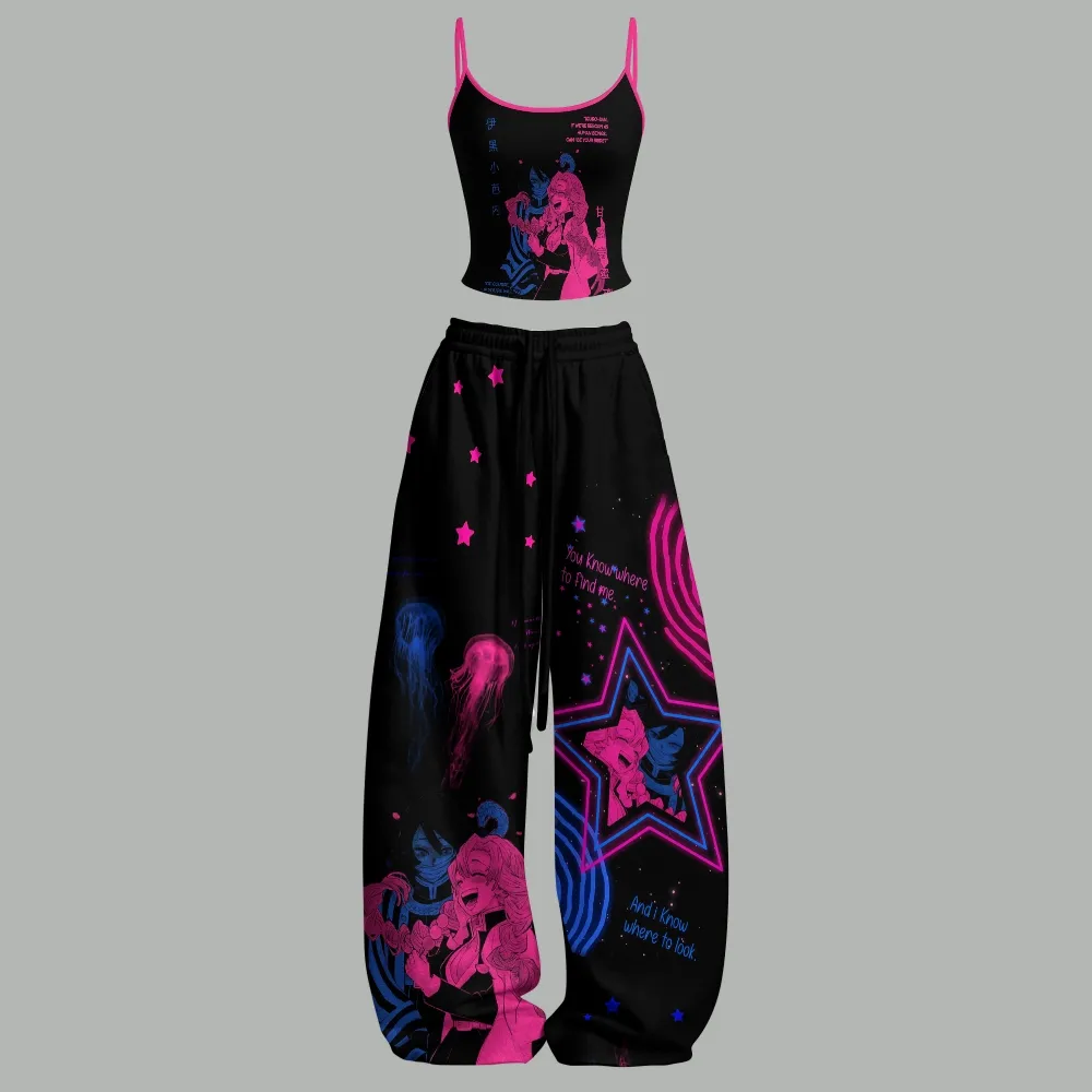 Demon Slayer Obanai Iguro & Mitsuri Kanroji Neon Cami Crop Top and Wide Leg Trousers Two-Piece Set, Black Pink Blue Anime Lounge Outfit