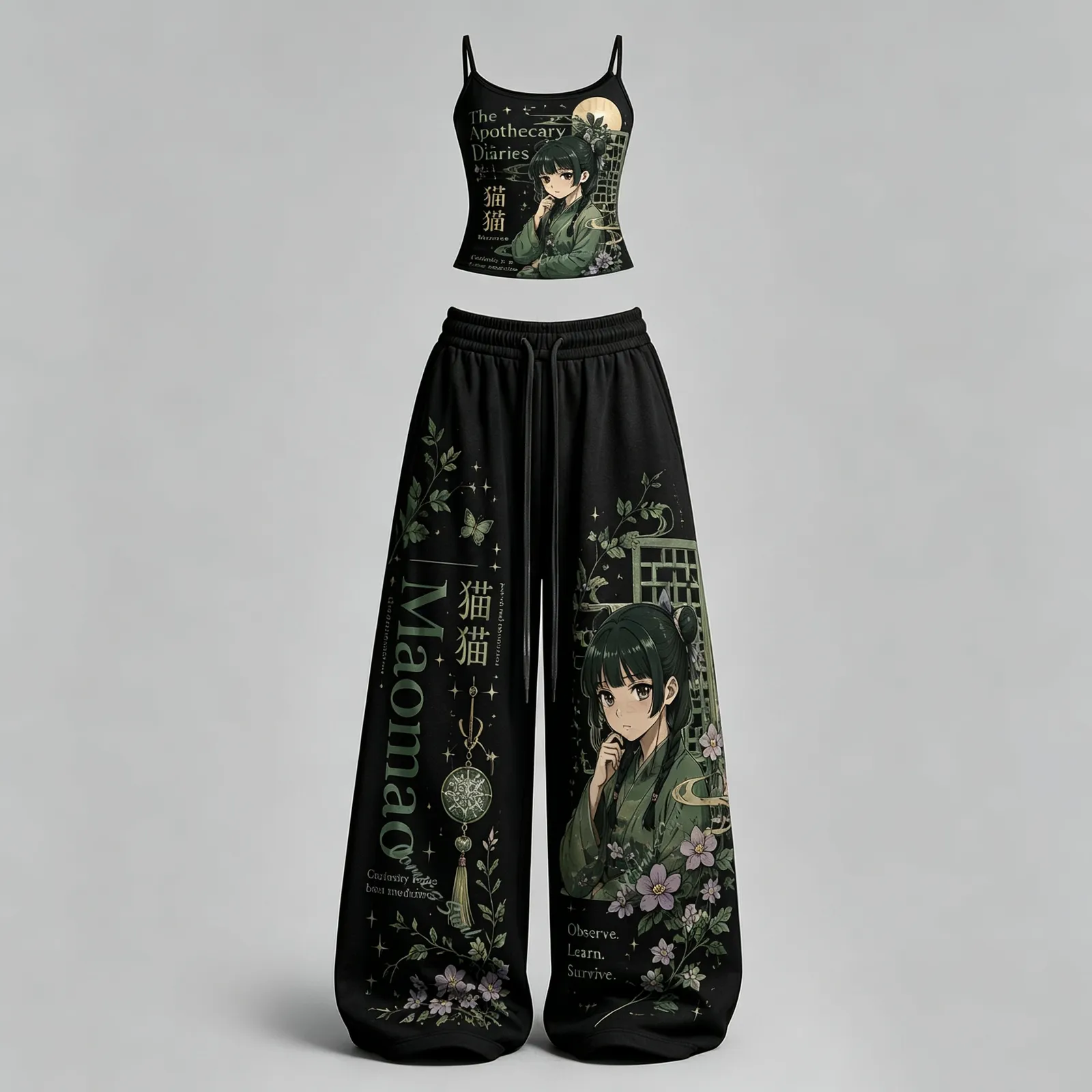 The Apothecary Diaries Maomao Cami Crop Top and Wide Leg Trousers Two-Piece Set, Black and Green Observe Learn Survive Print, Women's Outfit