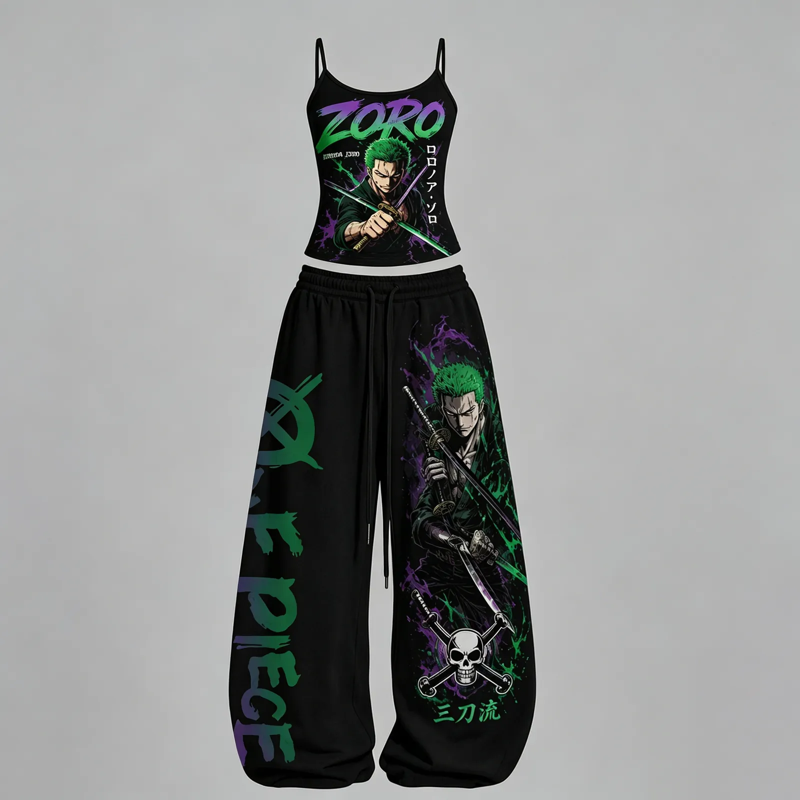 One Piece Roronoa Zoro Cami Crop Top and Wide Leg Trousers Set, Women's Two-Piece Lounge Outfit, Santoryu Green and Purple Anime Matching Set