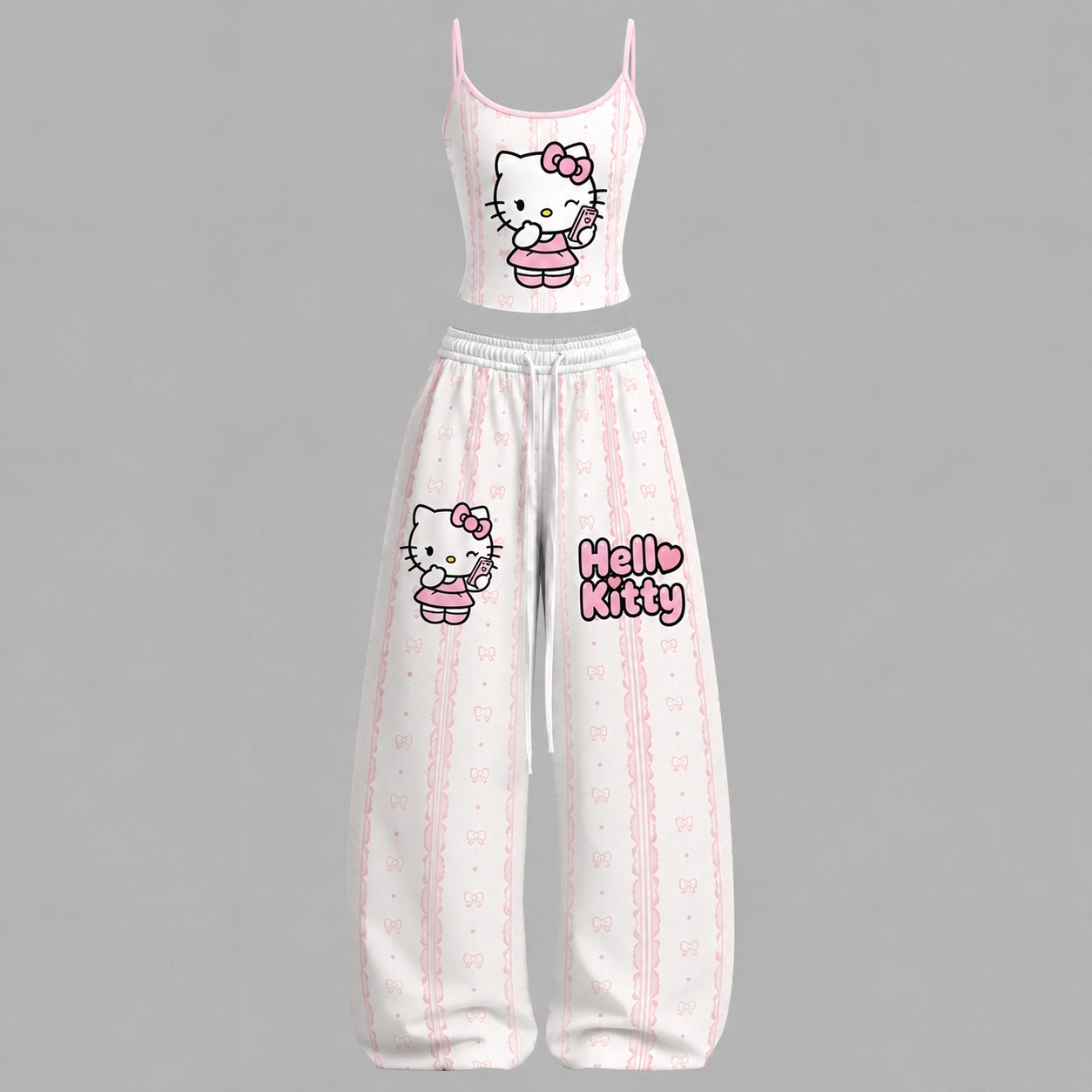 Hello Kitty Selfie Cami Crop Top and Wide Leg Trousers Two-Piece Set, Women's White Pink Ruffle Stripe Sanrio Lounge Outfit, Kawaii Pajama Set