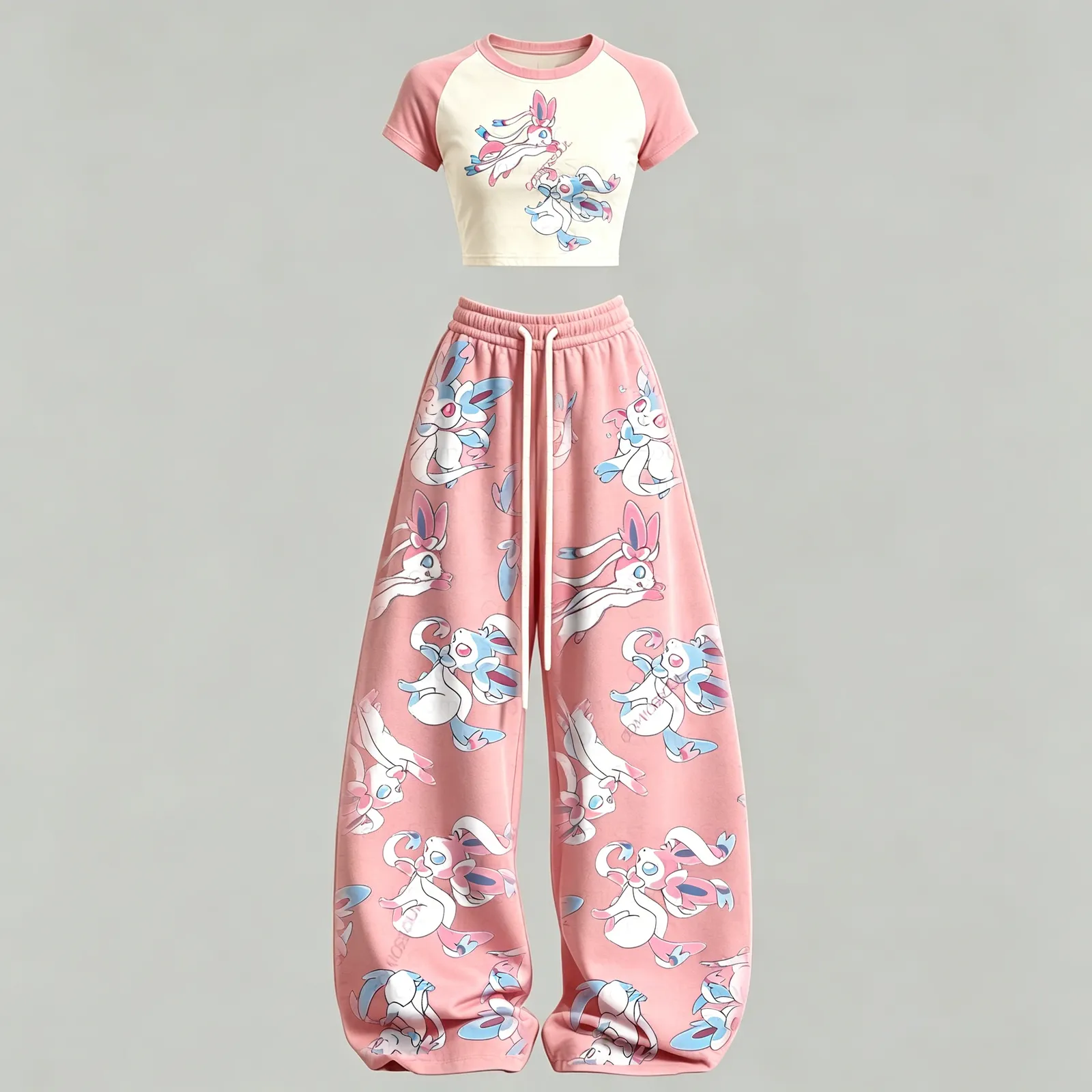 Pokémon Sylveon Crop Tee and Pink Wide Leg Trousers Set, Women's Two-Piece Lounge Outfit, Fairy Eeveelution Pastel Kawaii Matching Set