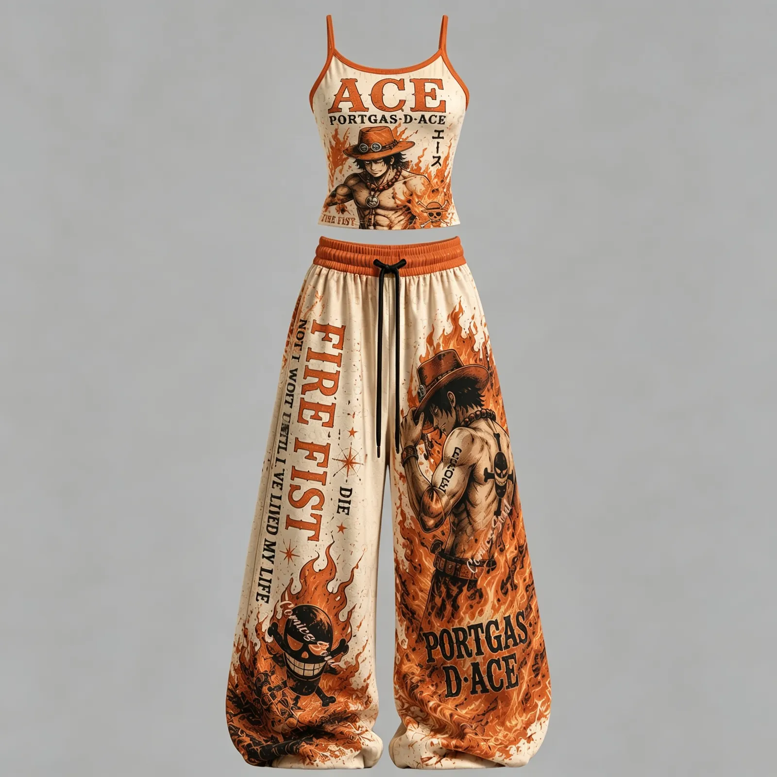 One Piece Portgas D. Ace Fire Fist Cami Crop Top and Wide Leg Trousers Two-Piece Set, Cream Orange Flame Anime Lounge Outfit, Women's Co-ord