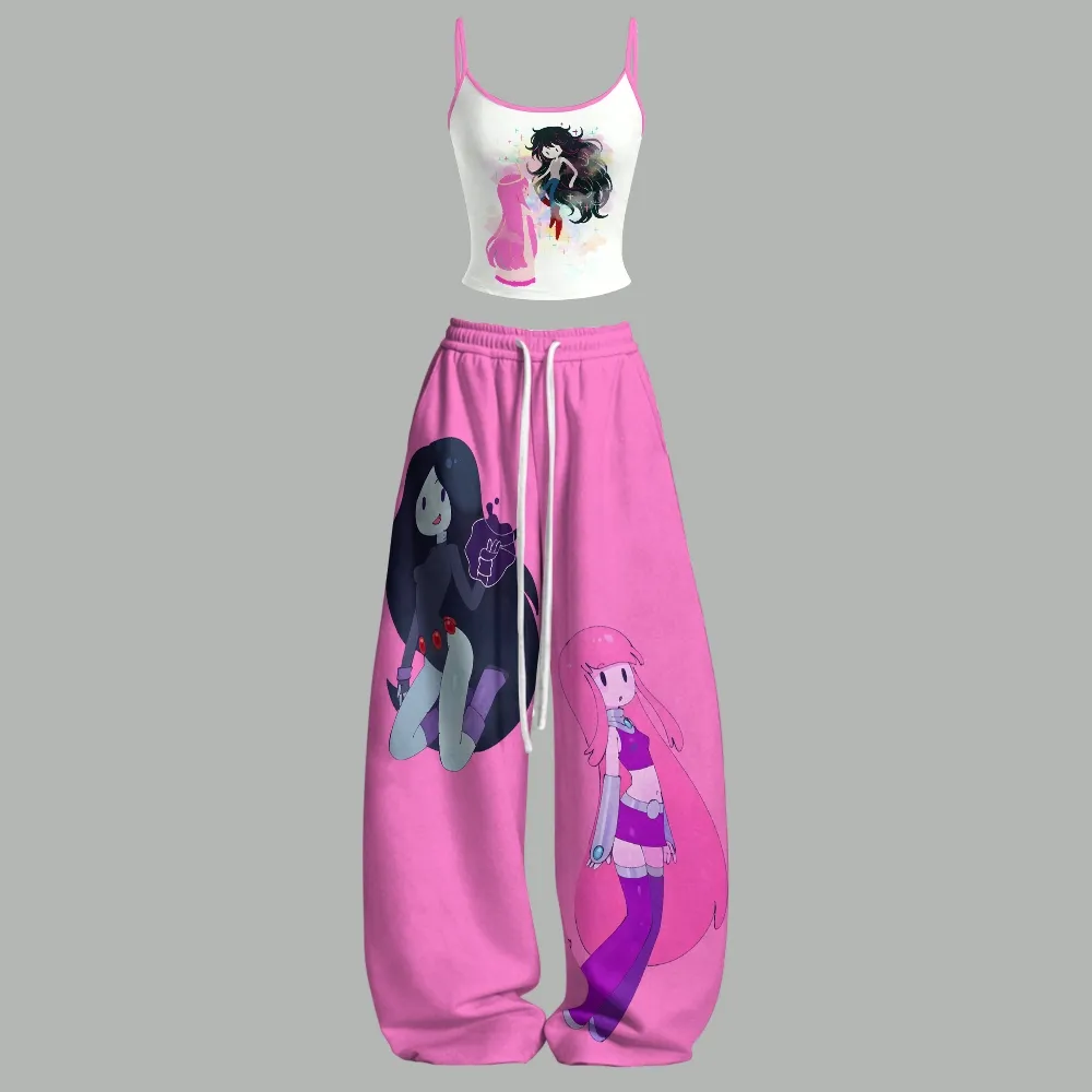 Adventure Time Marceline and Princess Bubblegum Cami Crop Top and Wide Leg Trousers Two-Piece Set, Pink and White Print, Women's Cartoon Outfit