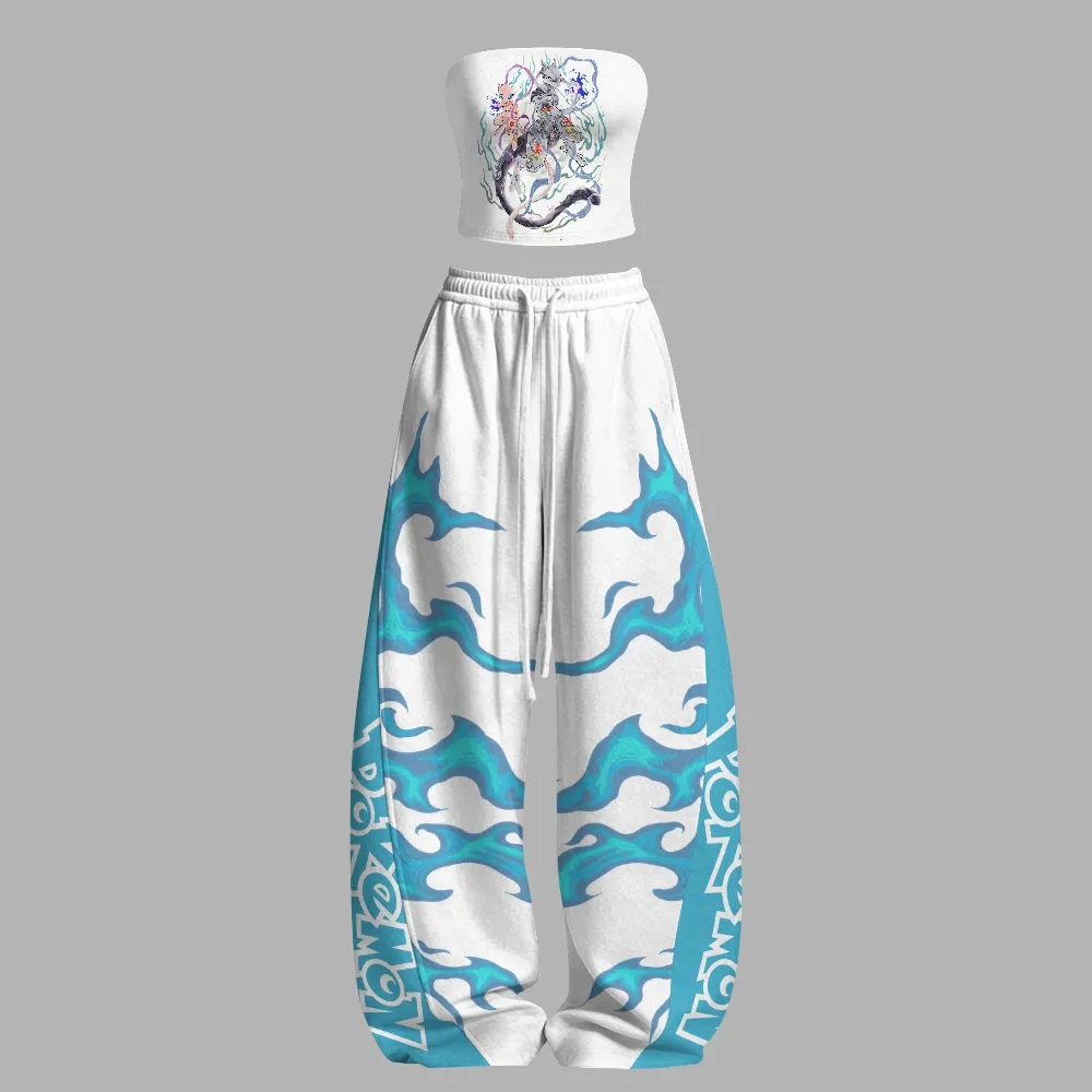 Pokémon Mewtwo and Mew Casual Strapless Tube Top and Elasticated Wide Leg Trousers Two-Piece Set, Women's White and Aqua Anime Lounge Outfit