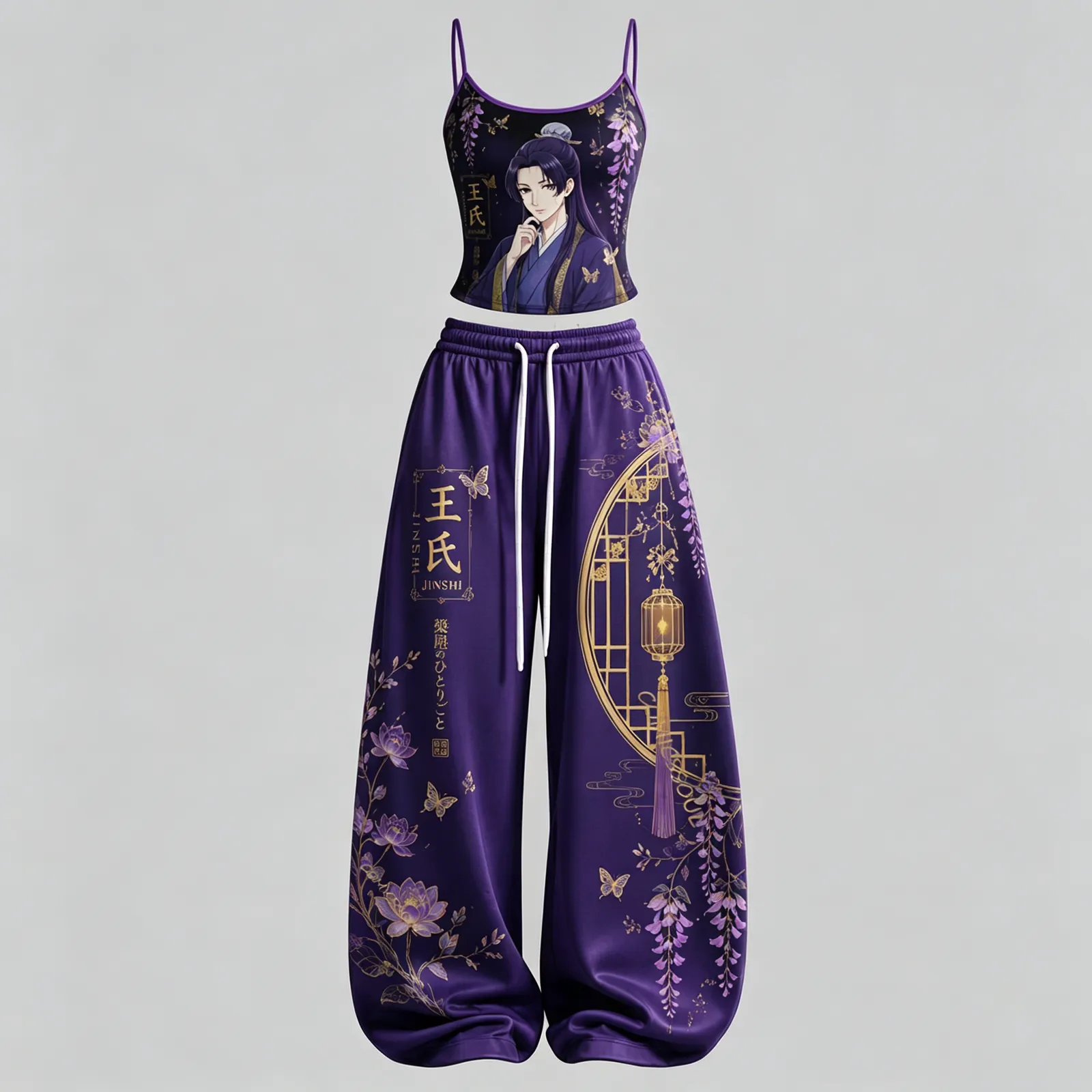 The Apothecary Diaries Jinshi Cami Crop Top and Wide Leg Trousers Two-Piece Set, Purple Wisteria and Lantern Print, Women's Anime Outfit
