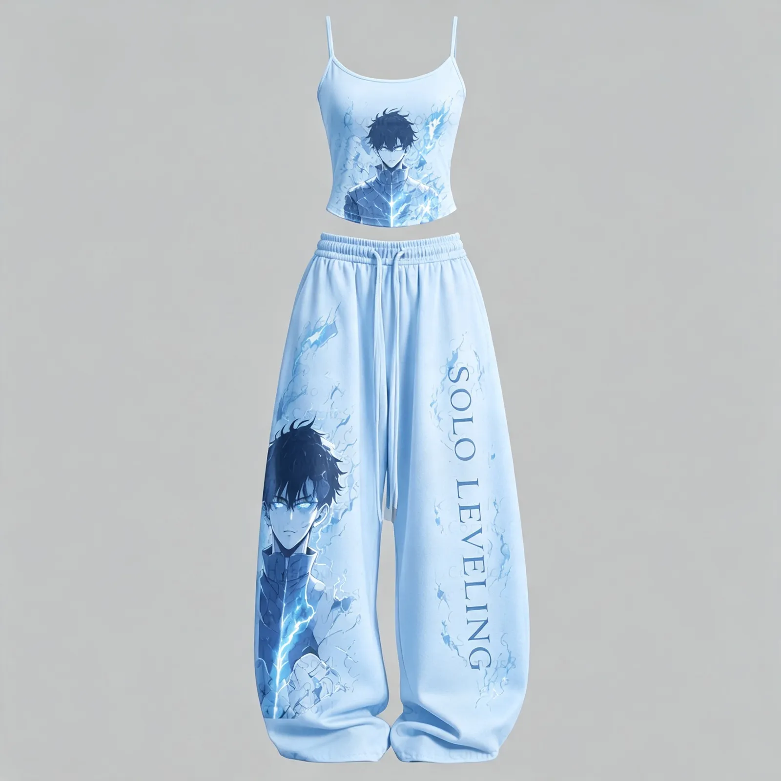 Solo Leveling Sung Jinwoo Cami Crop Top and Wide Leg Trousers Two-Piece Set, Women's Light Blue Shadow Monarch Anime Lounge Outfit, Matching Set