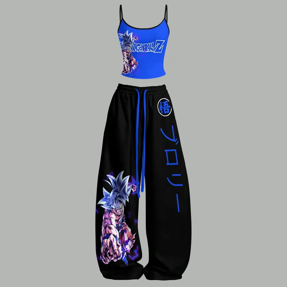 Dragon Ball Z Goku Ultra Instinct Cami Crop Top and Wide Leg Trousers Two-Piece Set, Women's Royal Blue Black Anime Lounge Outfit, Saiyan Gift