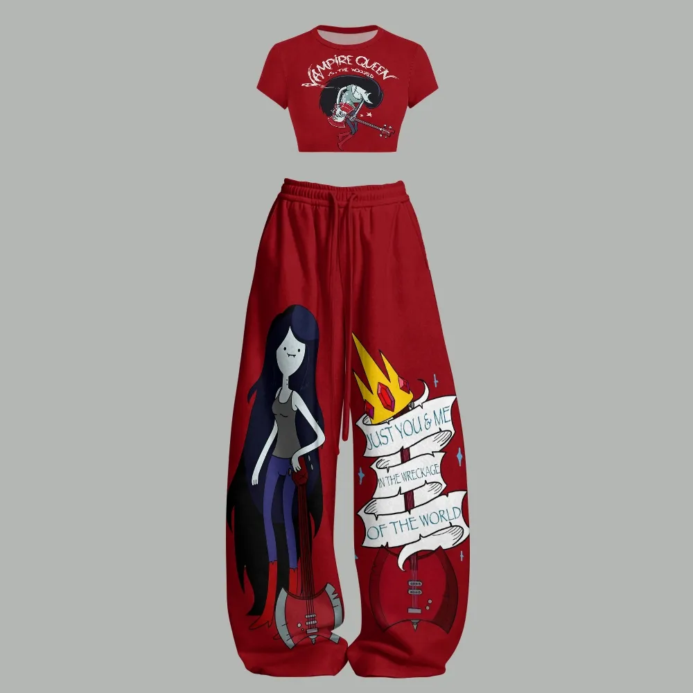 Adventure Time Marceline Vampire Queen Women Crop Tee and Elasticated Wide Leg Trousers Two-Piece Set, Red Ice King Crown Cartoon Lounge Outfit