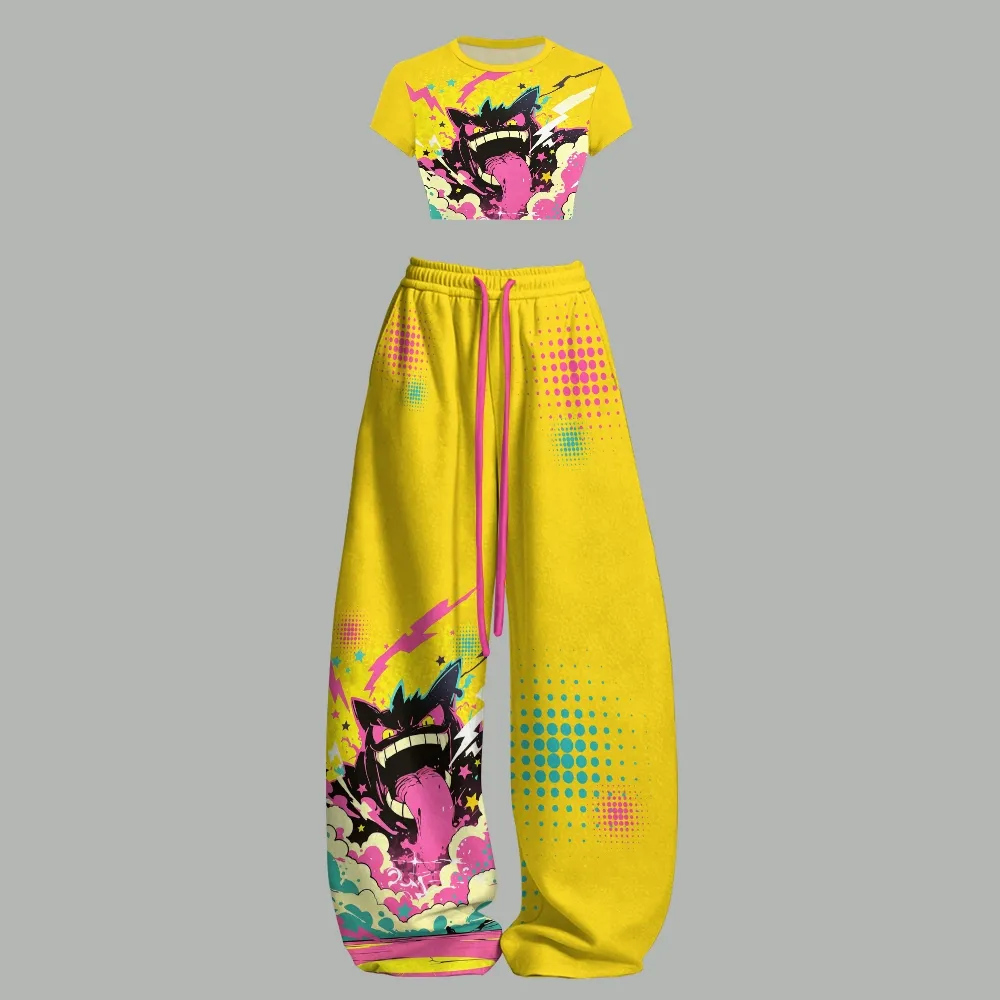Pokémon Gengar Pop Art Crop Tee and Wide Leg Trousers Two-Piece Set, Women's Yellow and Pink Anime Lounge Outfit, Halftone Comic Set