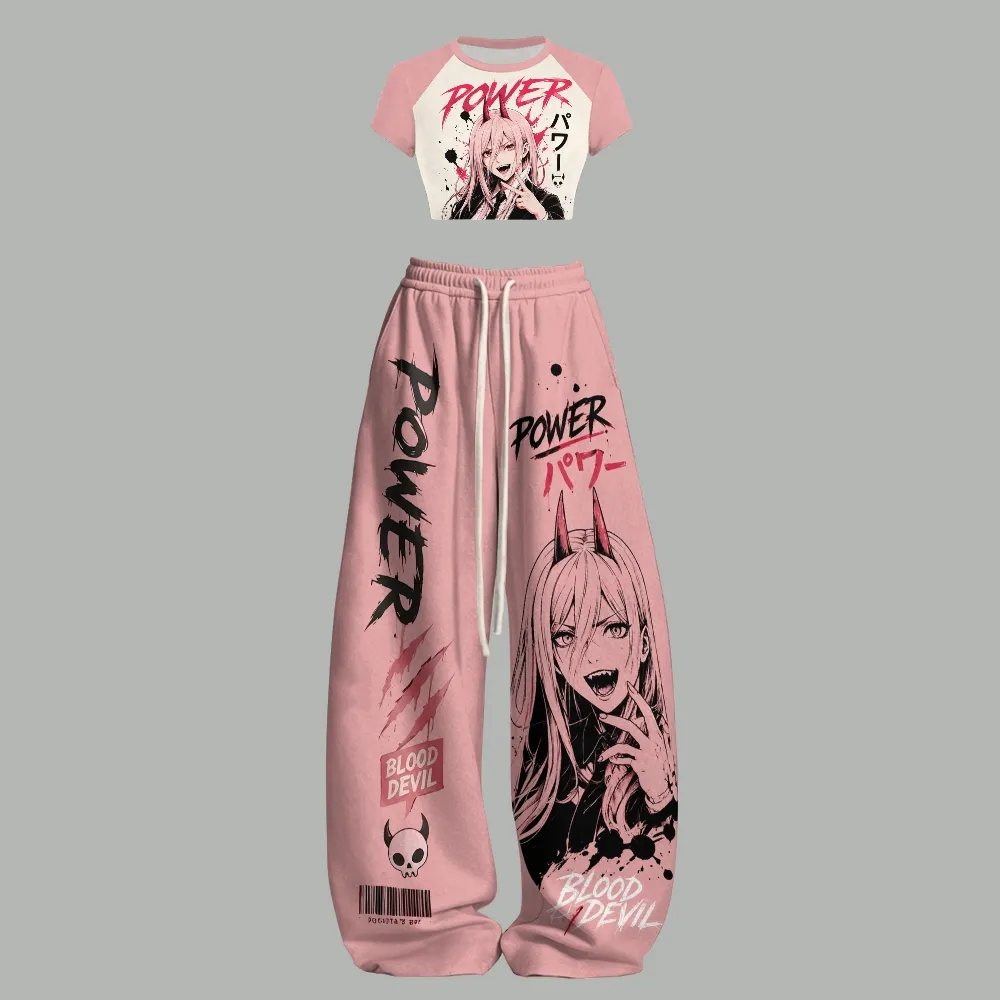 Chainsaw Man Power Crop Tee and Wide Leg Trousers Two-Piece Set, Pink Blood Devil Print, Women's Anime Matching Lounge Outfit