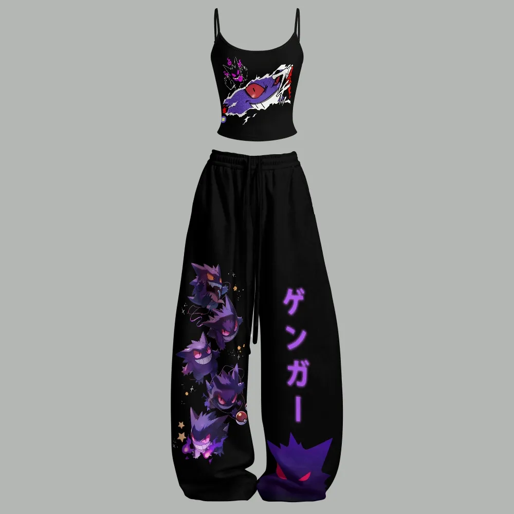 Pokémon Gengar Ghost Gang Cami Crop Top and Elasticated Wide Leg Trousers Two-Piece Set, Women's Black and Purple Japanese Katakana Anime Outfit