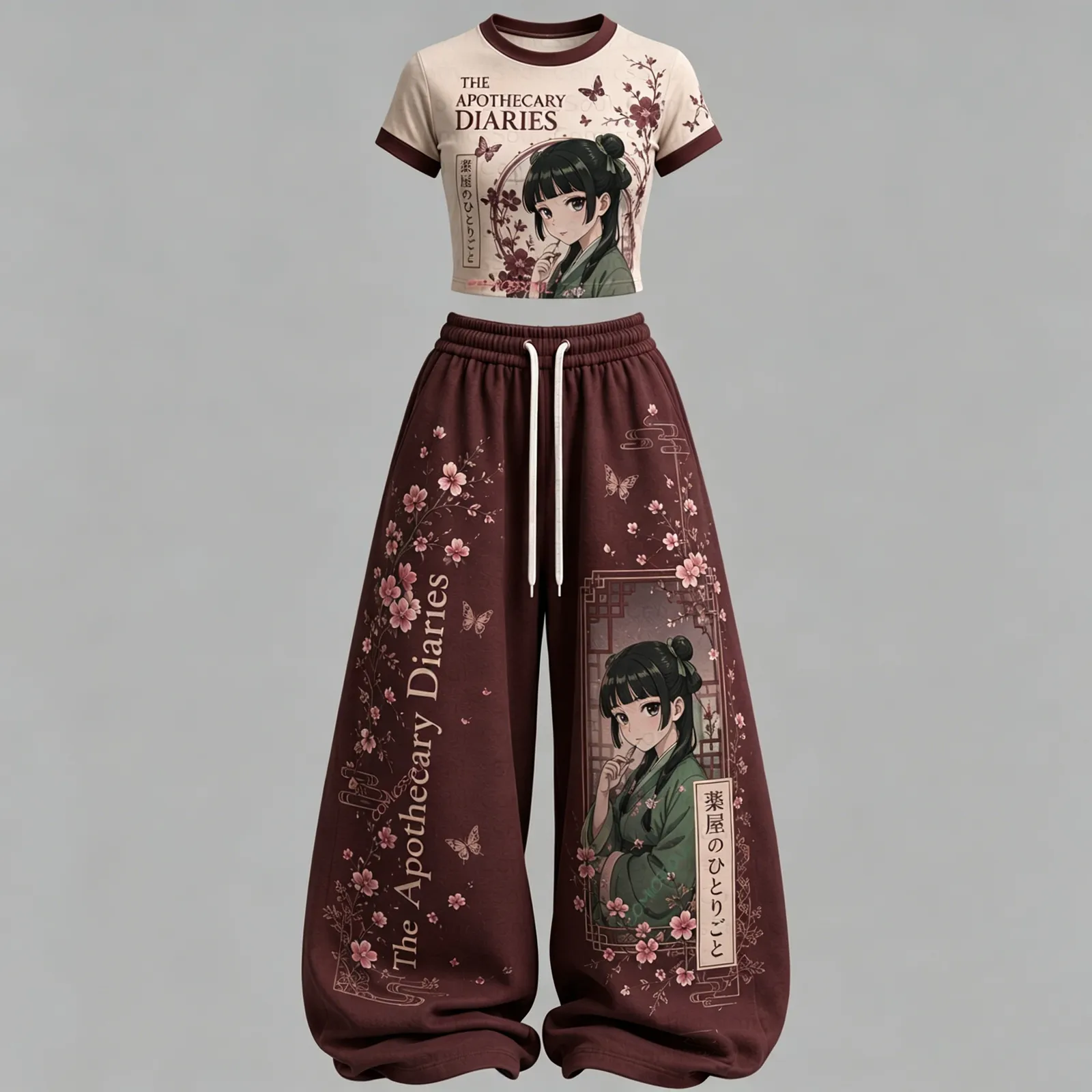 The Apothecary Diaries Maomao Crop Tee Top and Elasticated Trousers Two-Piece Set, Women's Maroon Cherry Blossom Anime Lounge Outfit
