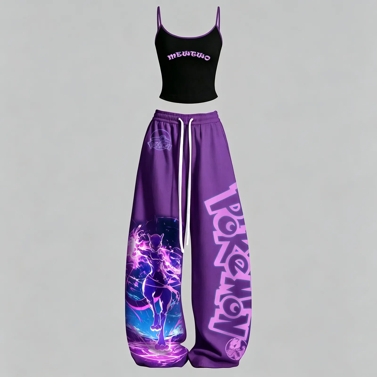 Pokémon Mewtwo Cami Crop Top and Wide Leg Trousers Two-Piece Set, Women's Black Purple Anime Lounge Outfit, Legendary Psychic Type Fan Gift