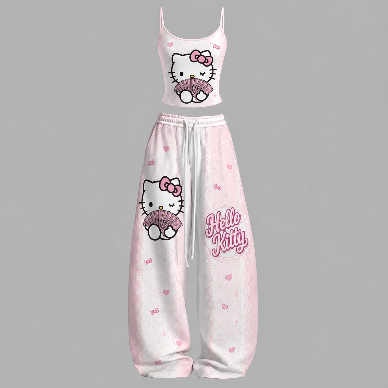Hello Kitty Cami Crop Top and Wide Leg Trousers Two-Piece Set, Women's Pink and White Lace Print Winking Kitty Lounge Outfit, Matching Set