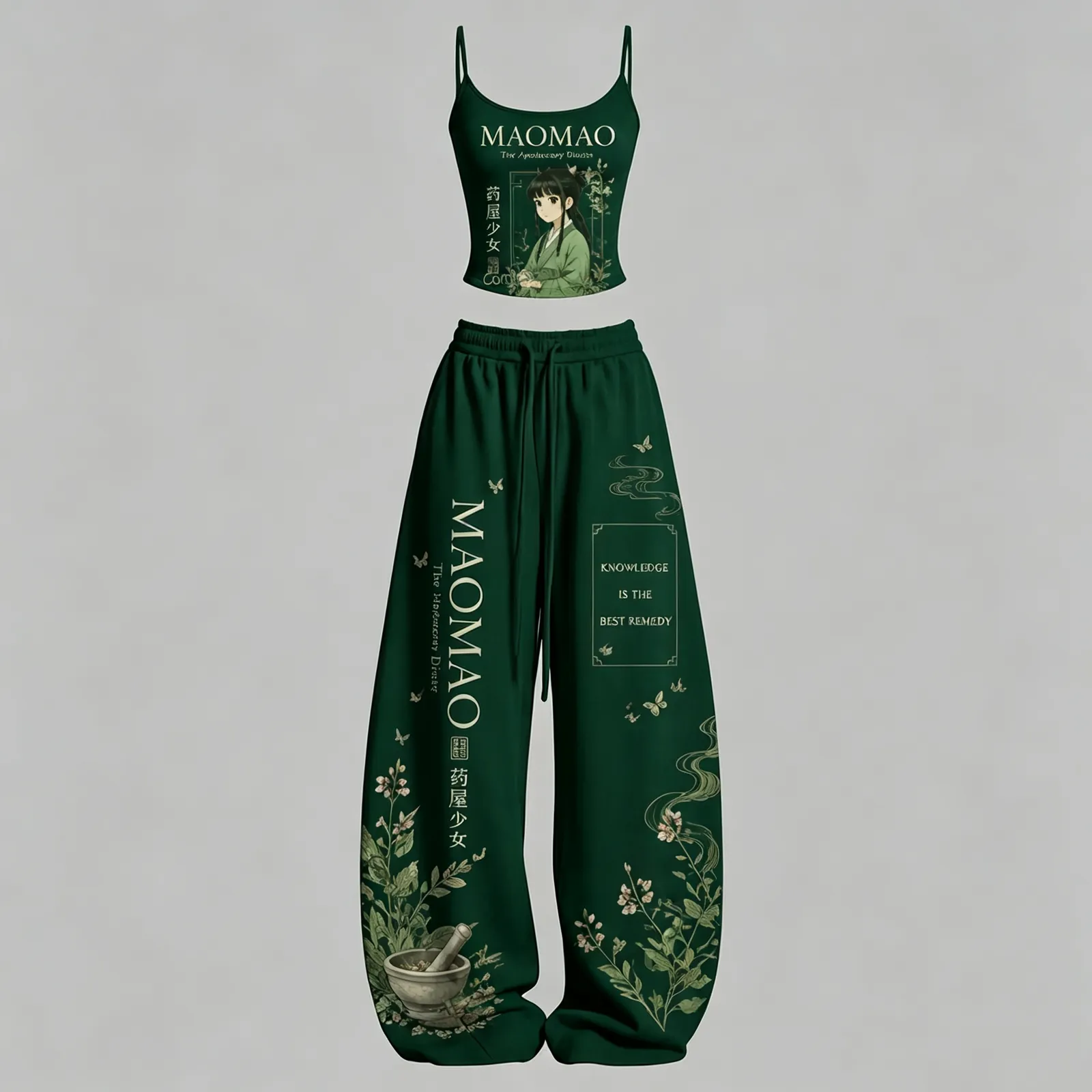 The Apothecary Diaries Maomao Cami Crop Top and Wide Leg Trousers Two-Piece Set, Women's Green Anime Lounge Outfit, Herbal Remedy Set