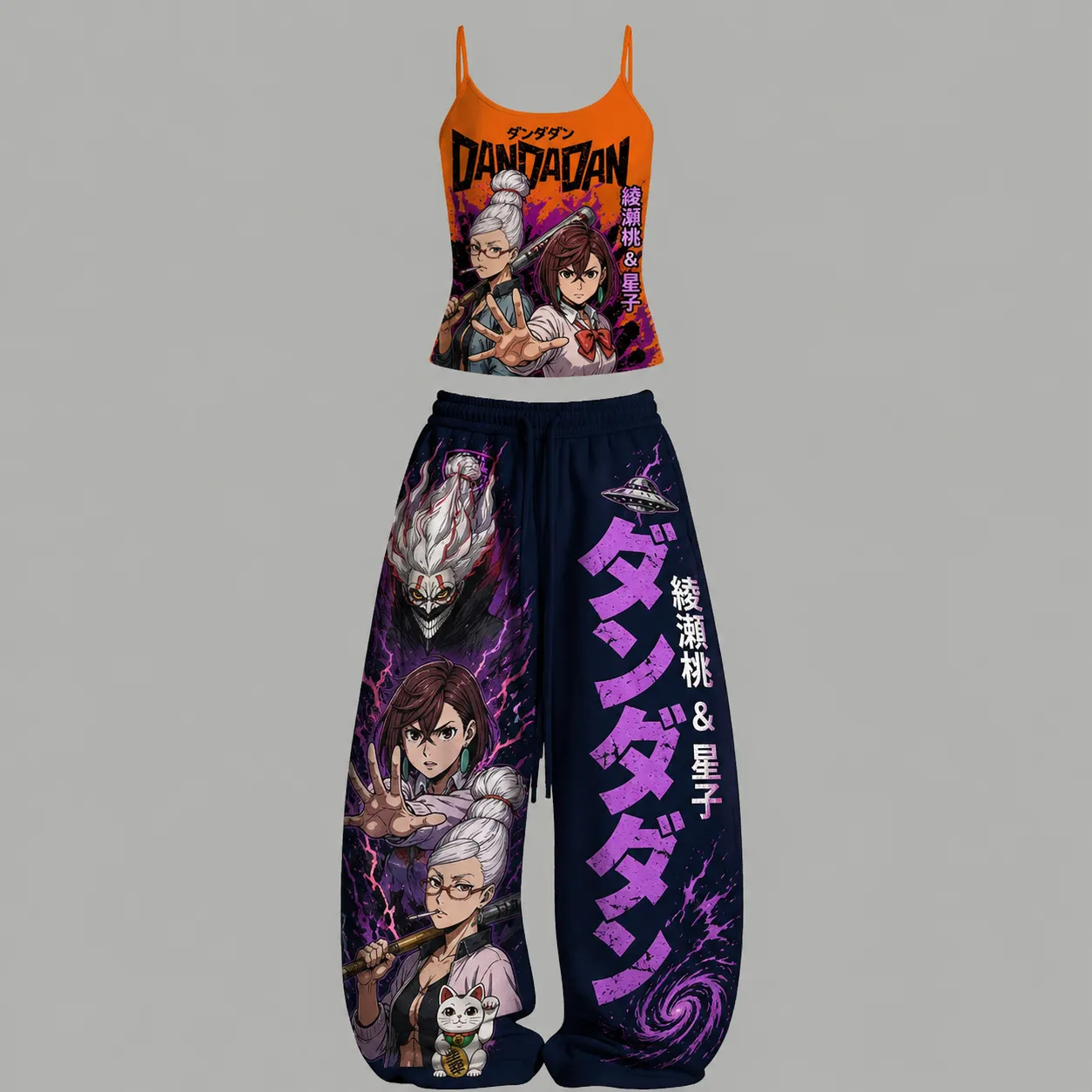 Dandadan Momo Ayase and Seiko Cami Crop Top and Wide Leg Trousers Set, Women's Two-Piece Lounge Outfit, Okarun Orange and Navy Anime Set
