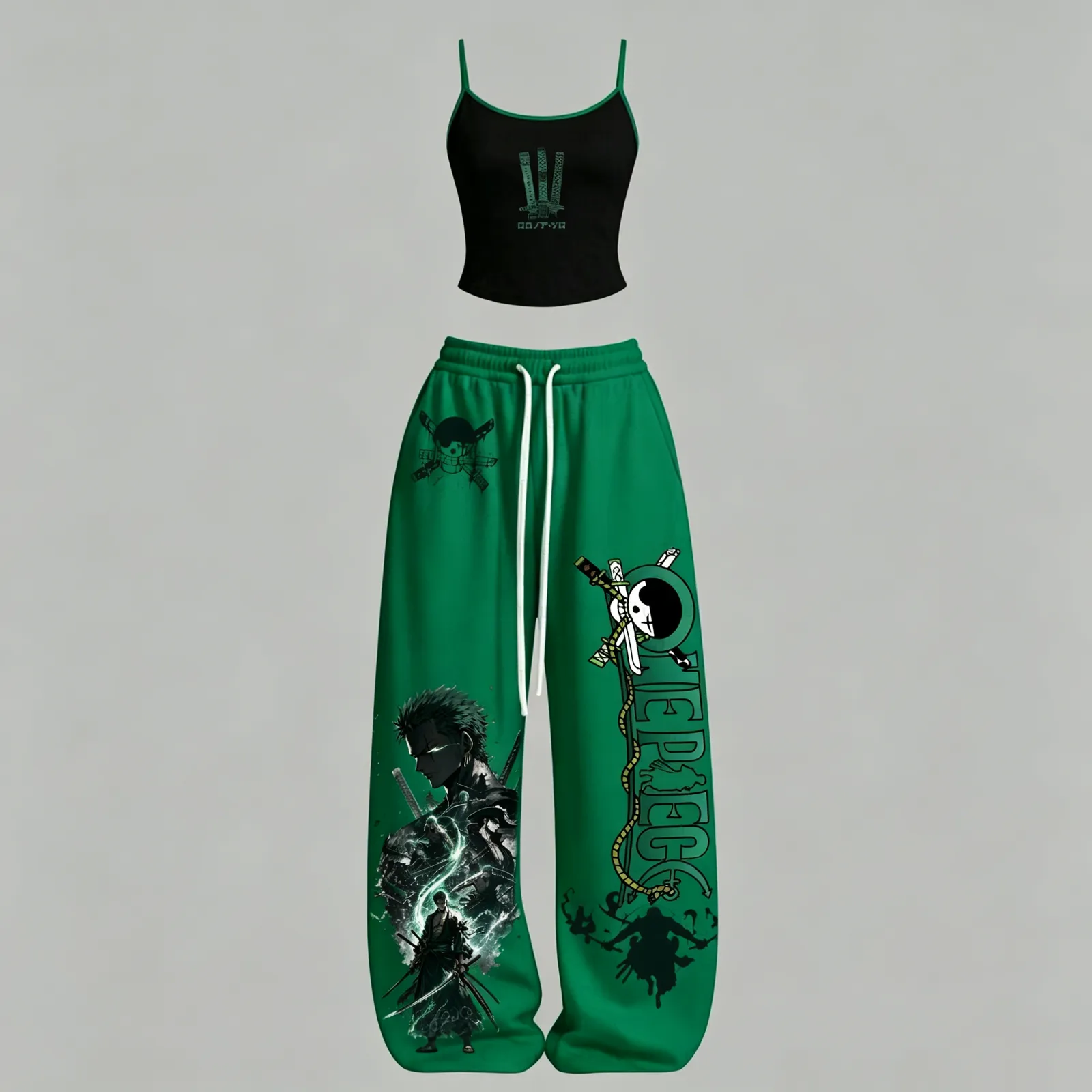 One Piece Roronoa Zoro Santoryu Cami Crop Top and Elasticated Wide Leg Trousers Two-Piece Set, Women's Black and Kelly Green Anime Outfit