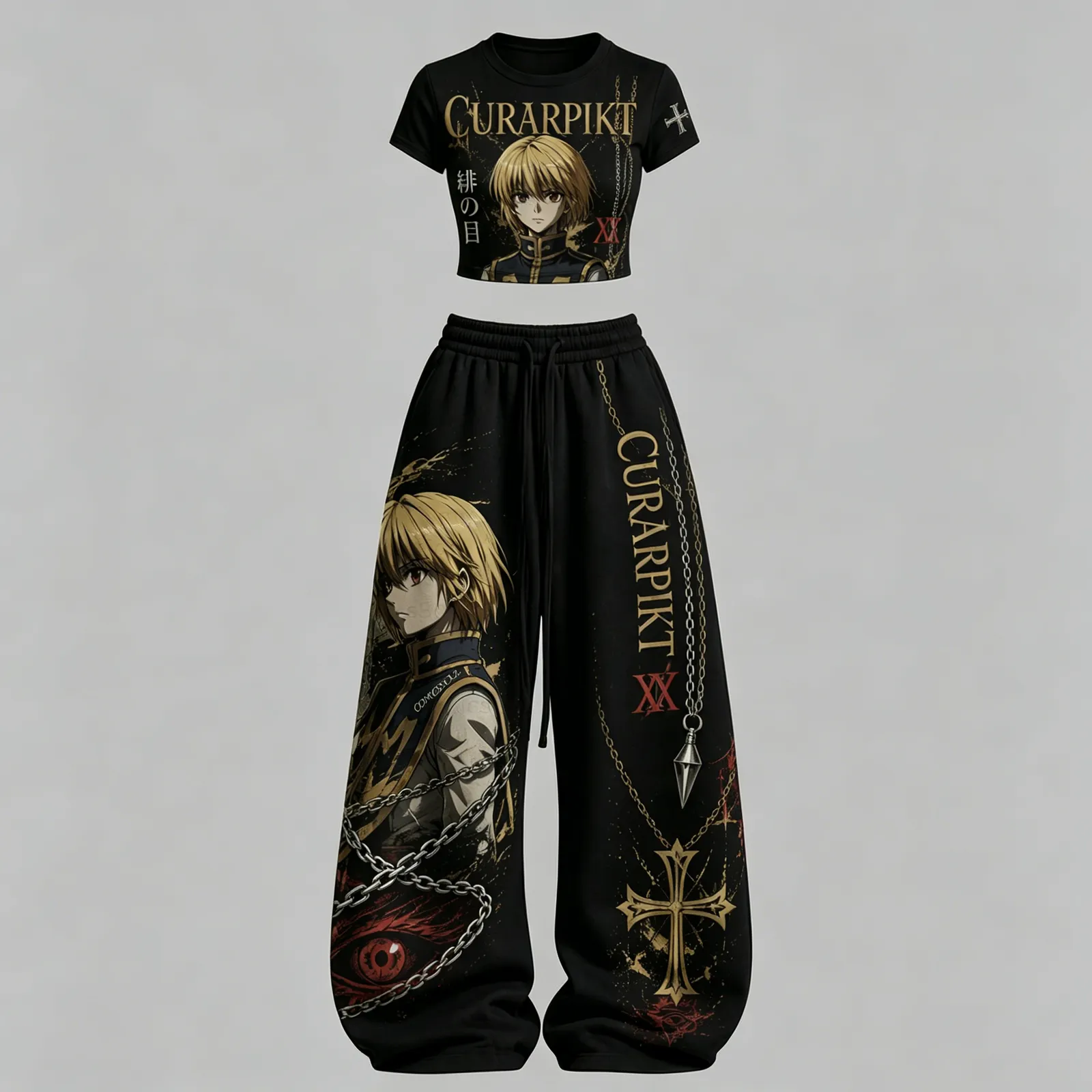 Hunter x Hunter Kurapika Crop Tee and Wide Leg Trousers Two-Piece Set, Women's Black and Gold Anime Lounge Outfit, Scarlet Eyes Chain Cross Set
