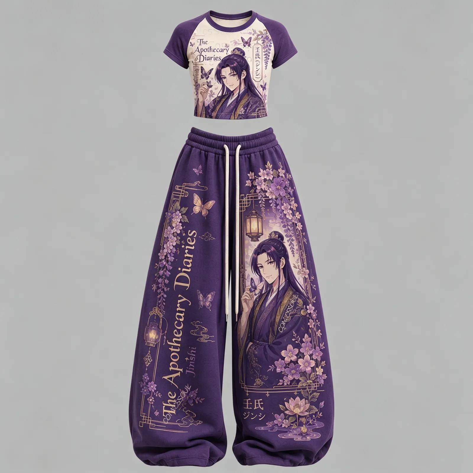 The Apothecary Diaries Jinshi Wisteria Crop Tee and Wide Leg Trousers Two-Piece Set, Purple Butterfly Anime Lounge Outfit, Women's Co-ord